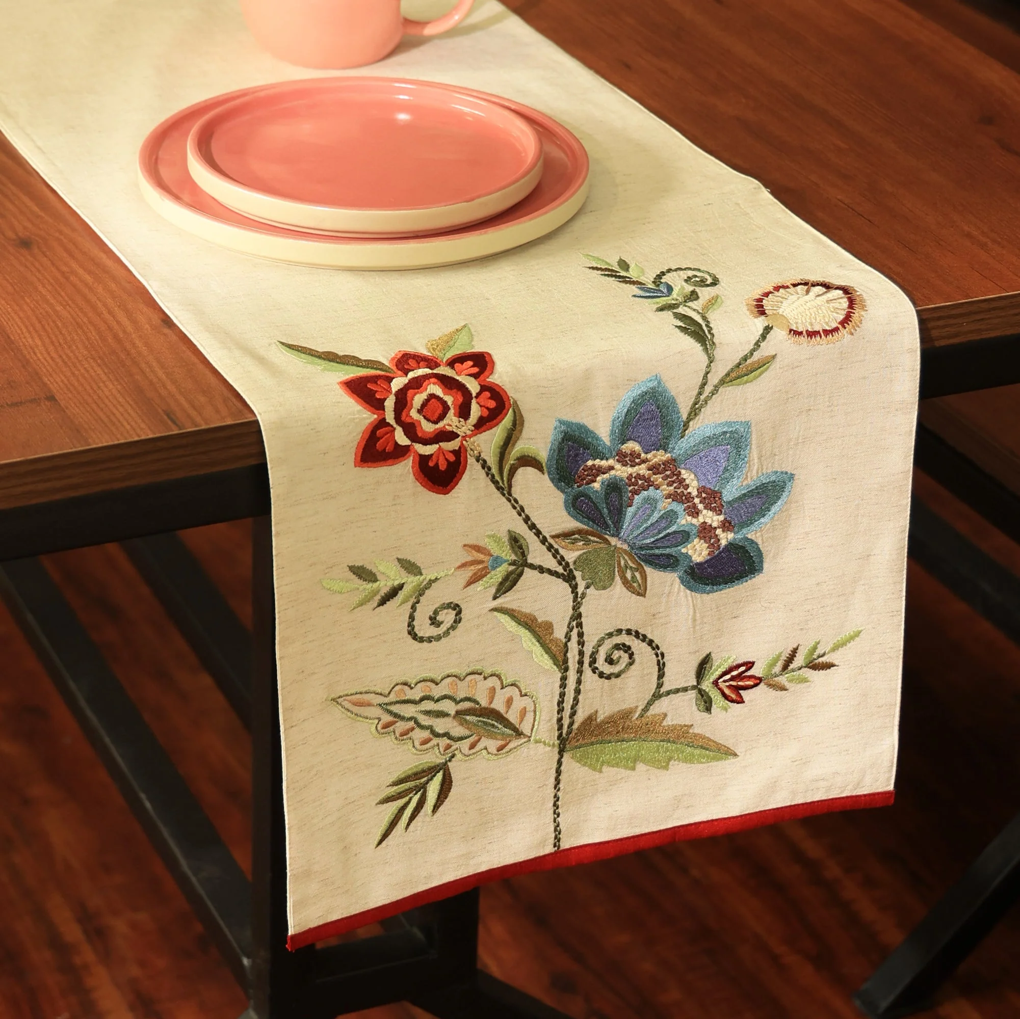 Blue Flower Embroidered Table Runner 72