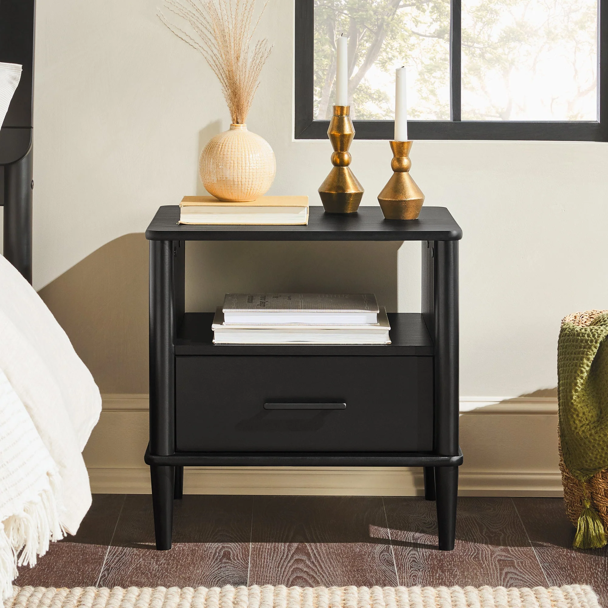 Solid Wood Spindle Nightstand with Drawer and Open Cubby