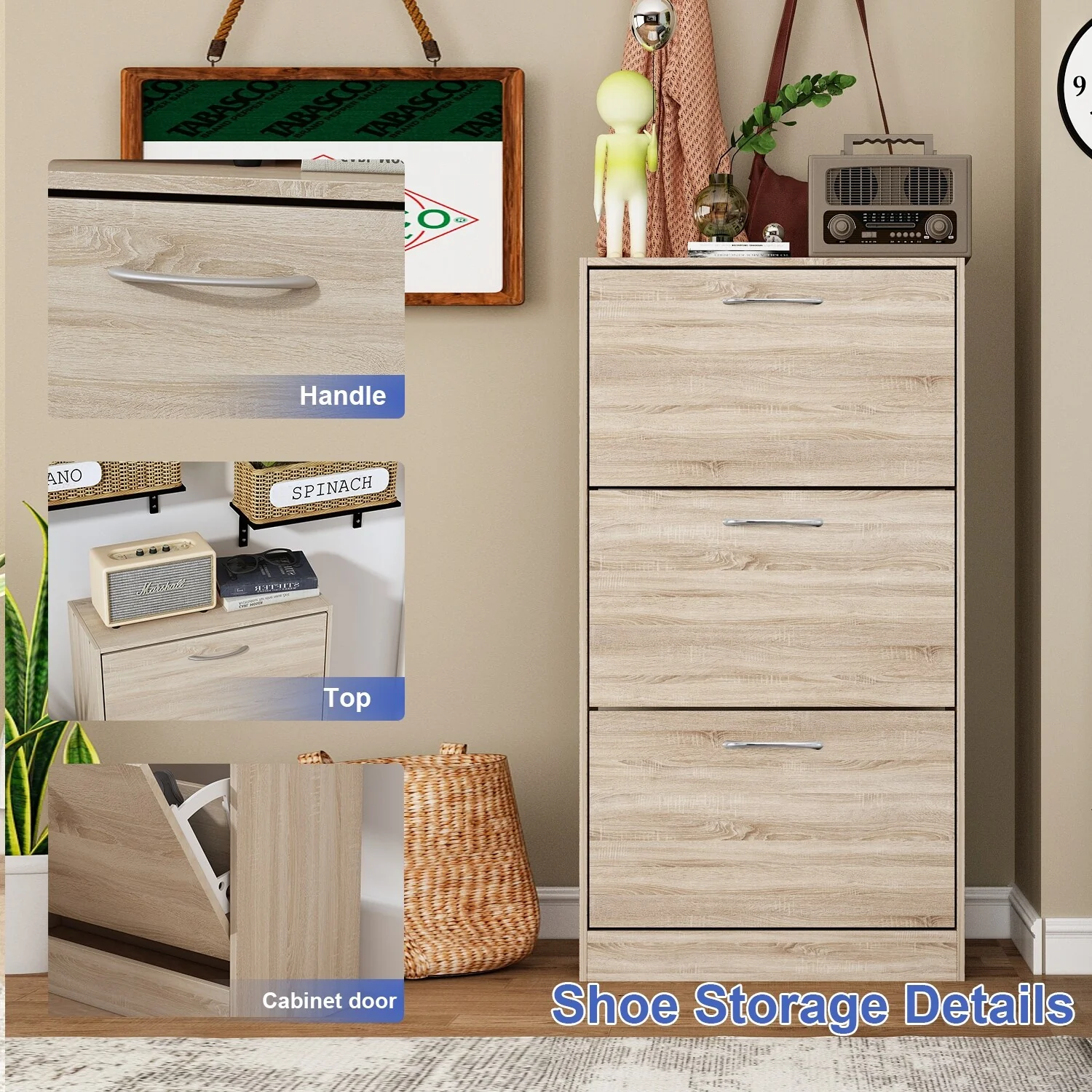 Timechee Grey Entryway Shoe Spcase Saving Cabinet with 3 Drawers