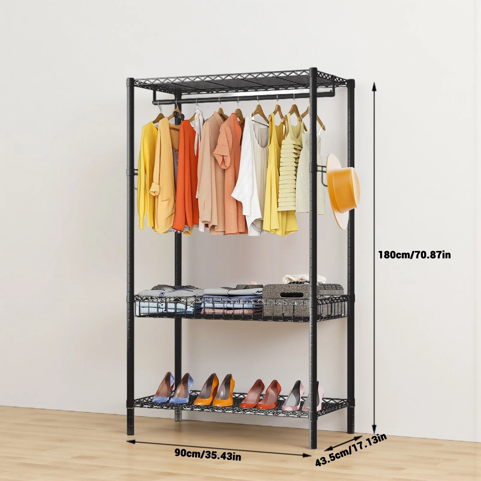 Heavy Duty Clothes Rack, 3 Tiers Wire Garment Rack for Hanging Clothes, Clothing Racks With 2 Shelves And 1 Hang Rod
