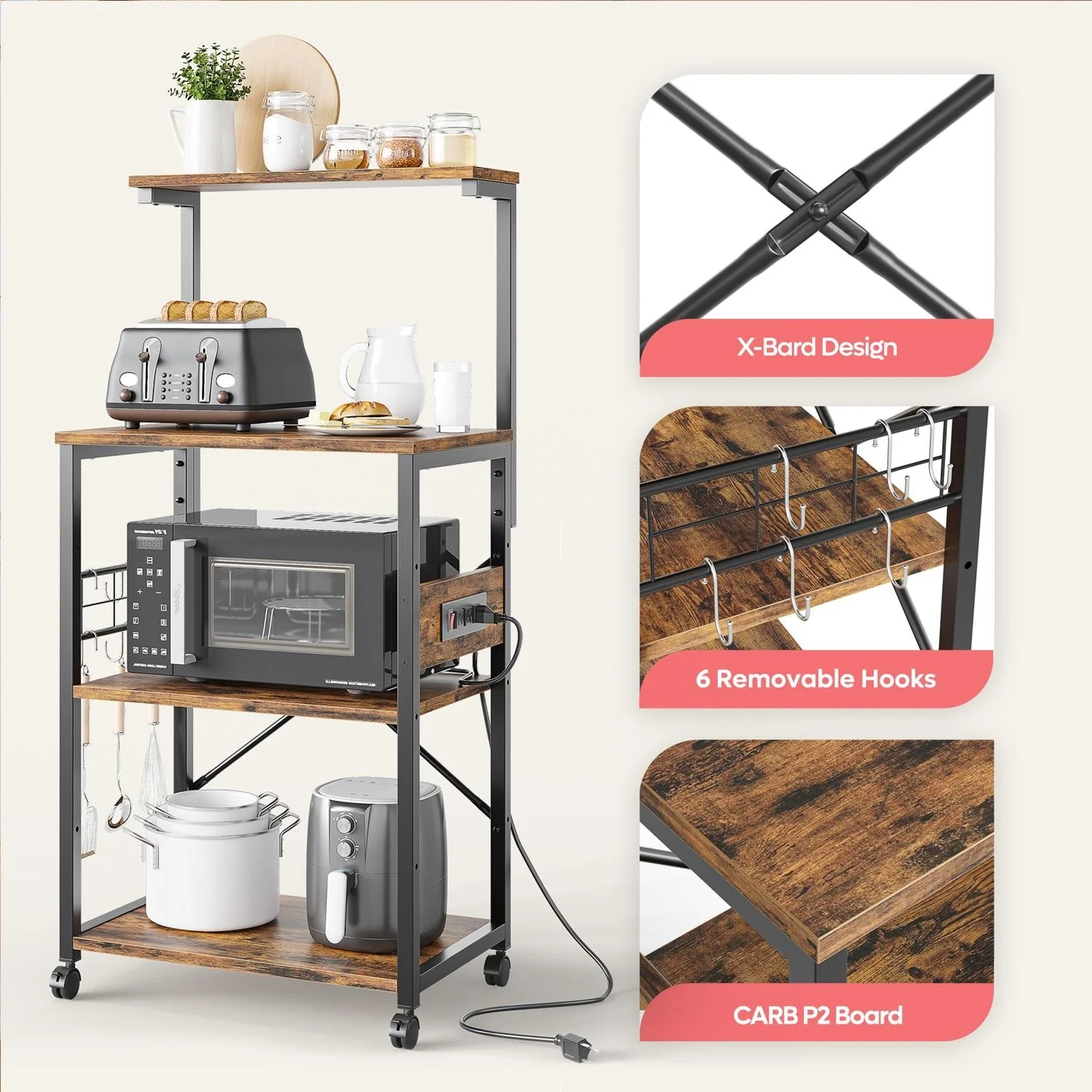 Kitchen Bakers Rack with Storage Shelves &USB Outlets, Microwave Oven Stand Kitchen Shelf Organizer