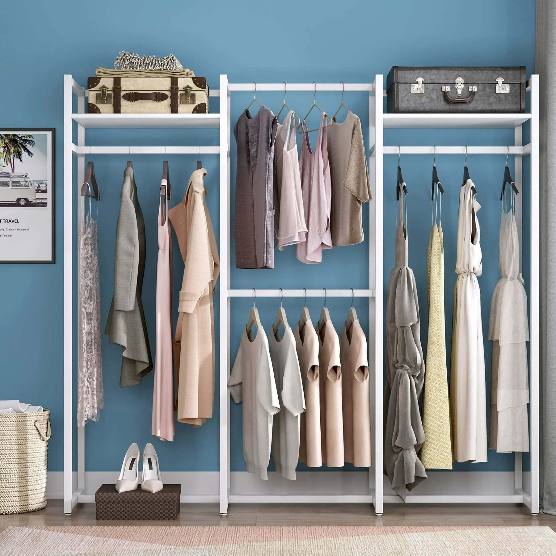 Free Standing Closet Organizer with Hanging Rods, Garment Rack Heavy Duty Clothes Rack with Storage Shelves, Max Load 500LBS
