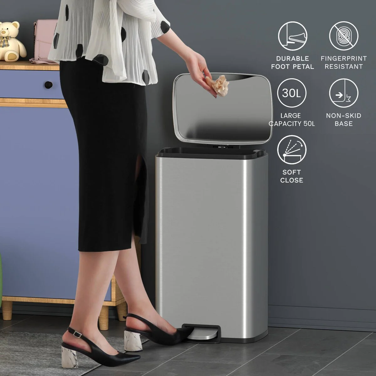 Innovaze 8 Gal./30 Liter Rectangular Stainless Steel step-on Trash Can for kitchen