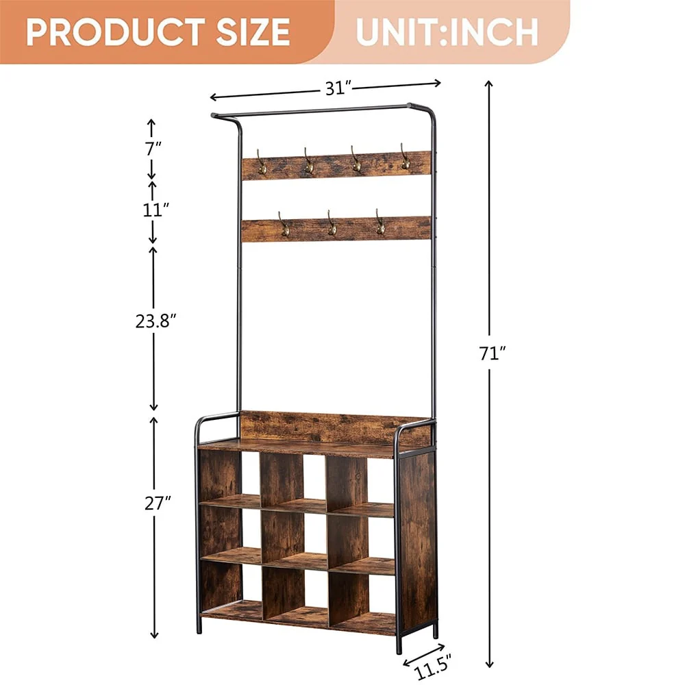 3-in-1 Entryway Coat Rack, Hall Tree with Shoe Rack, 7 Hooks - 11.5