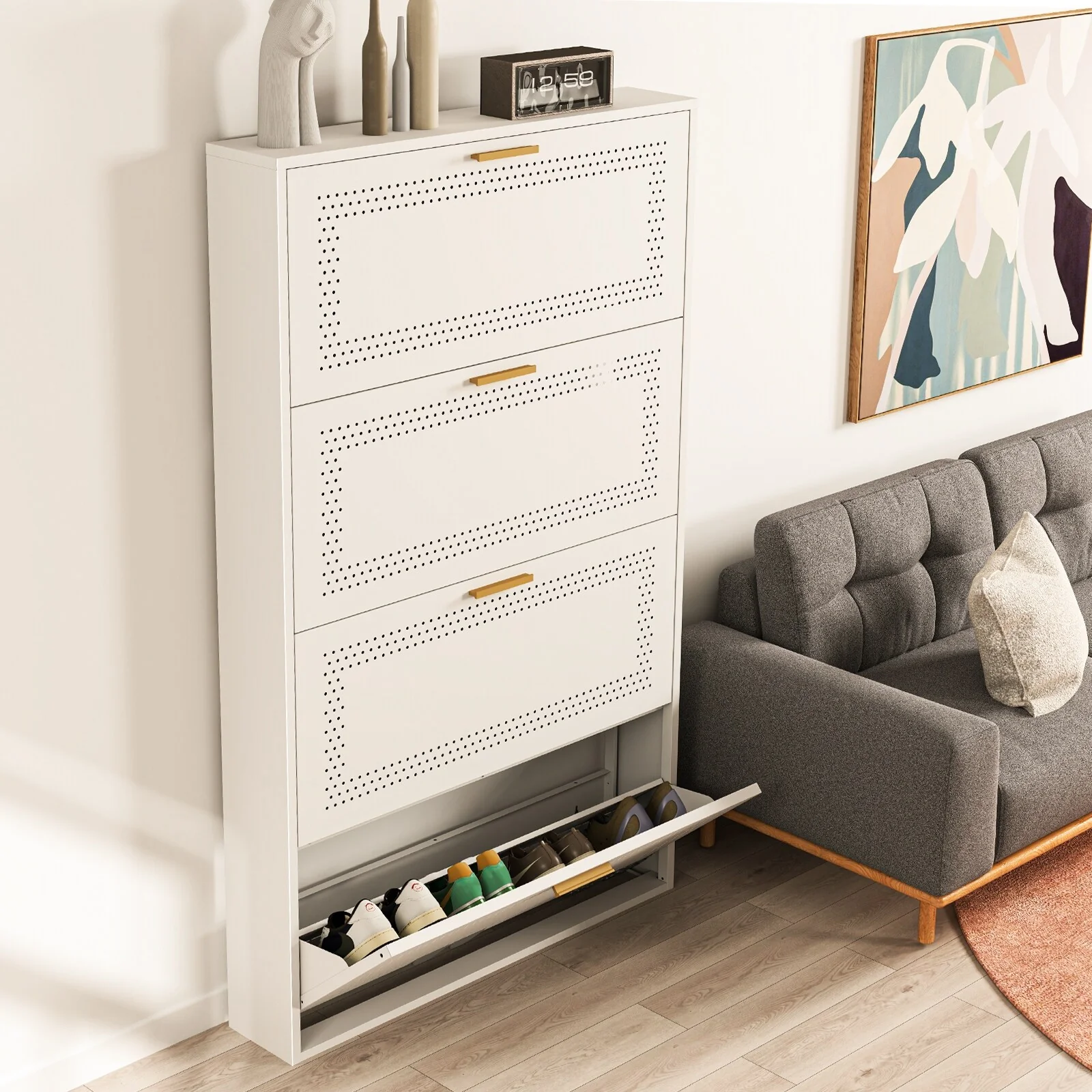 Metal Shoe Storage Cabinet with 3/4 Flip Drawers, Breathable & Space Saving