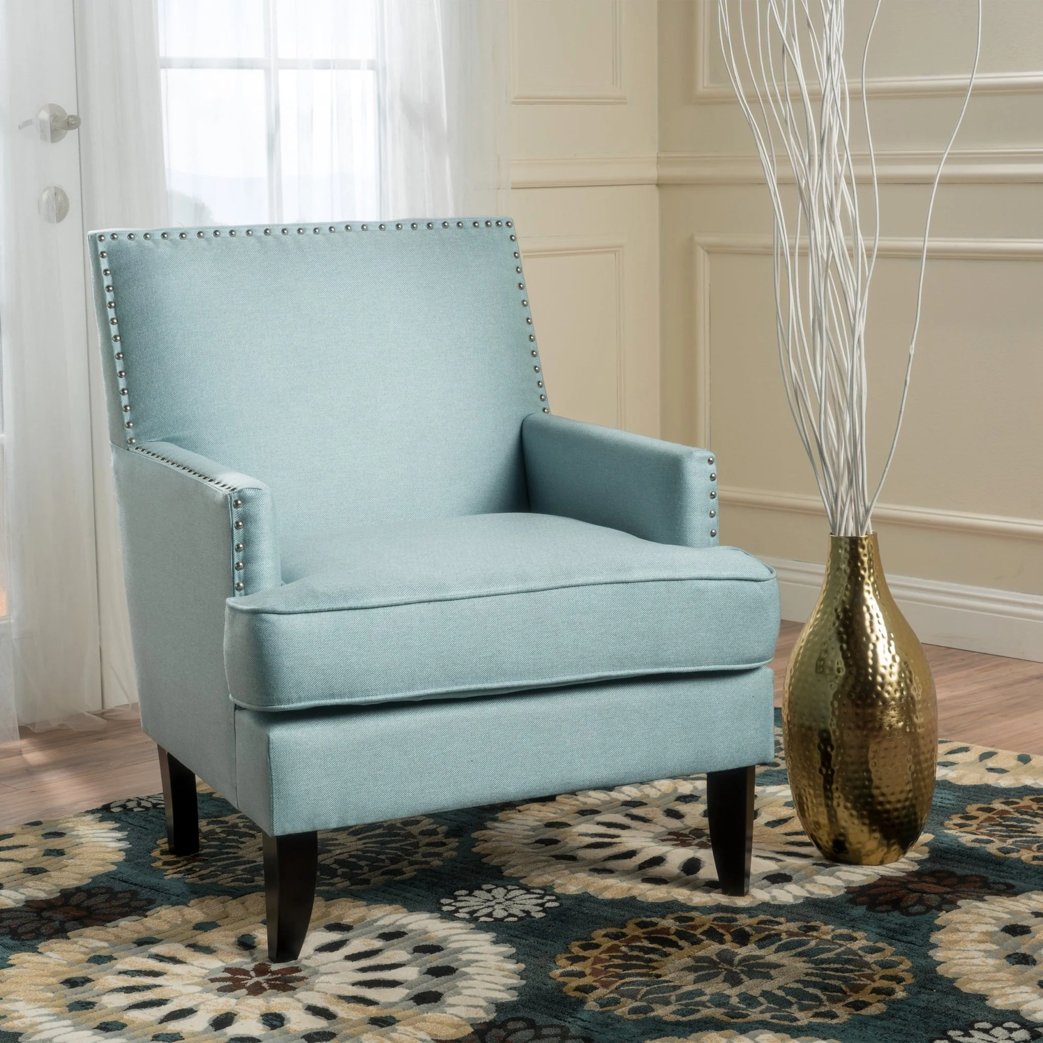 Serenada Upholstered Fabric Club Chair with Nailhead Trim and Tapered Birch Legs