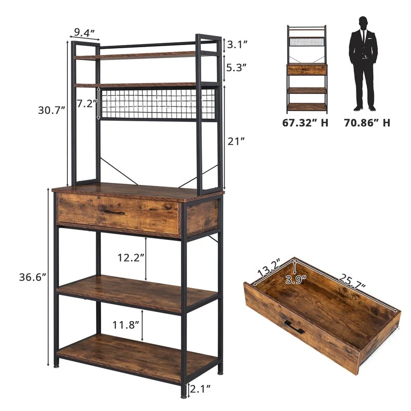 5-Tier Kitchen Bakers Rack with 10 S Hooks and 1 drawer Rustic Brown