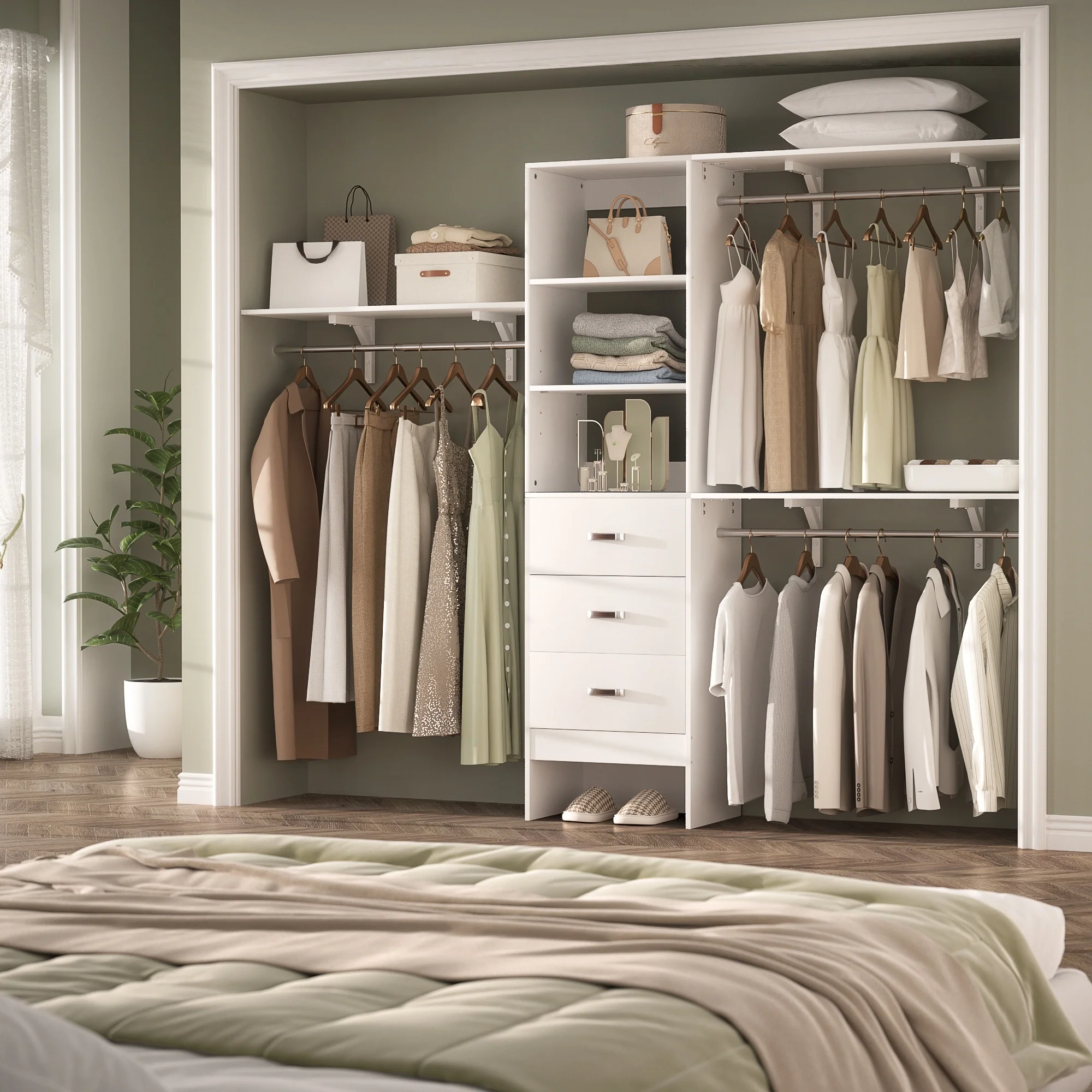 20.2'' - 96'' W Closet Organizer with Drawers, Closet System with Hanging Rods and Adjustable Shelves