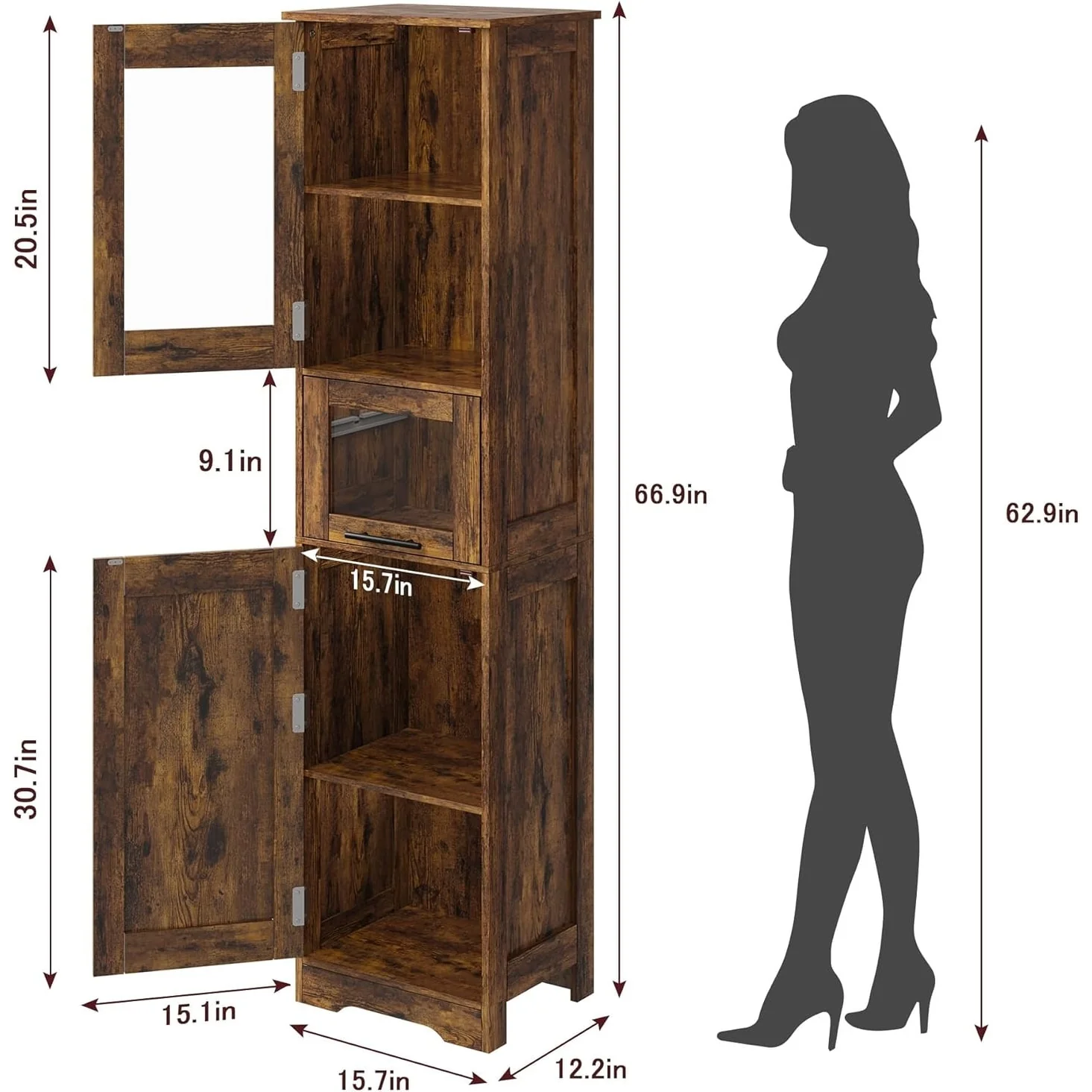 Tall Bathroom Cabinet, Linen Storage Cabinet with Doors and Adjustable Shelves and Drawer