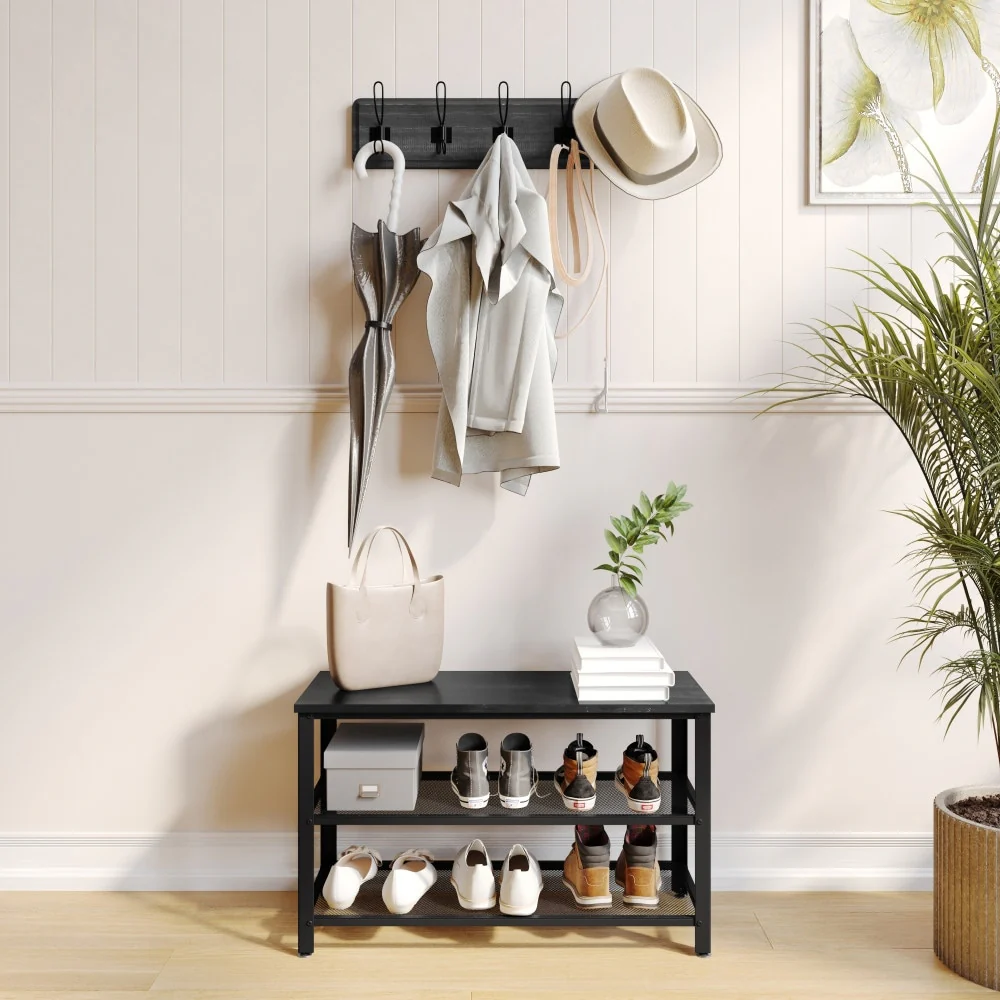 3-Tier Entryway Bench with Mesh Metal Shoe Storage Shelves