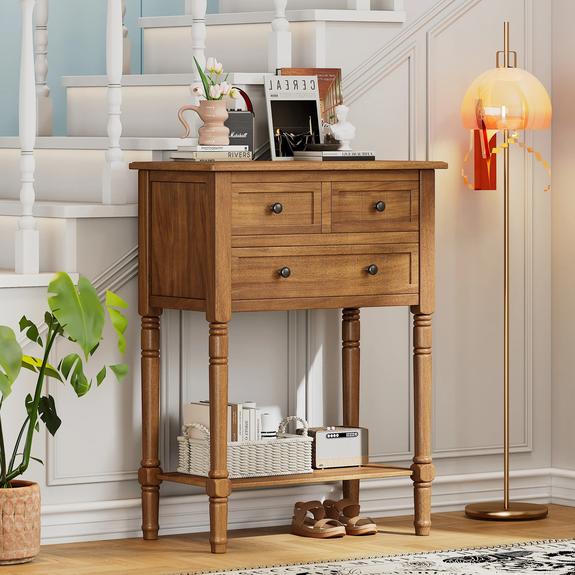 Conquest Narrow Console Table with 3 Drawers and Bottom Shelf