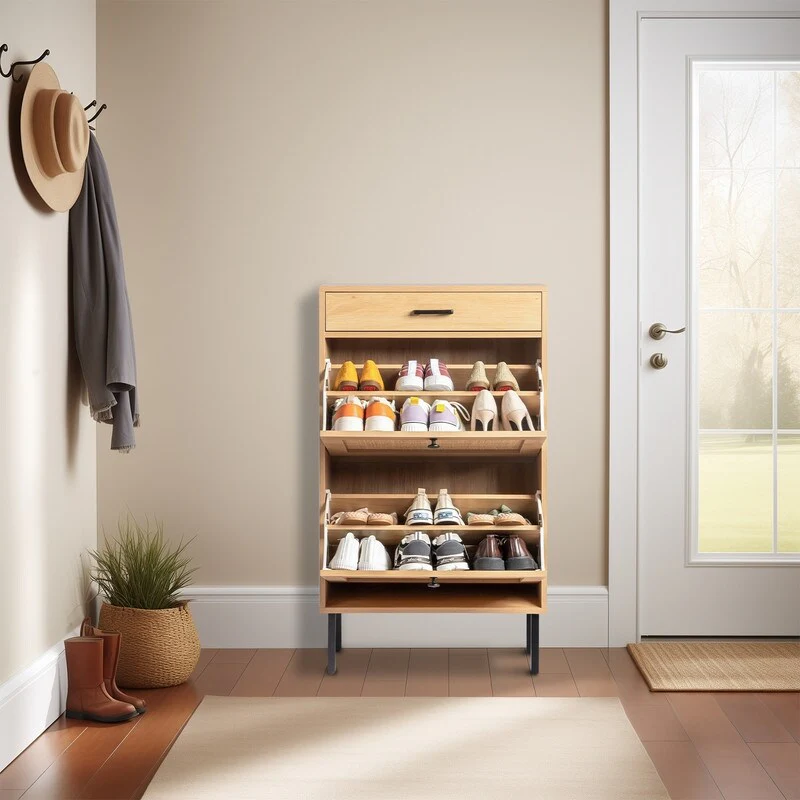 Real Rattan Shoe Cabinet with 2 Flip Drawers & 1 Small Drawer