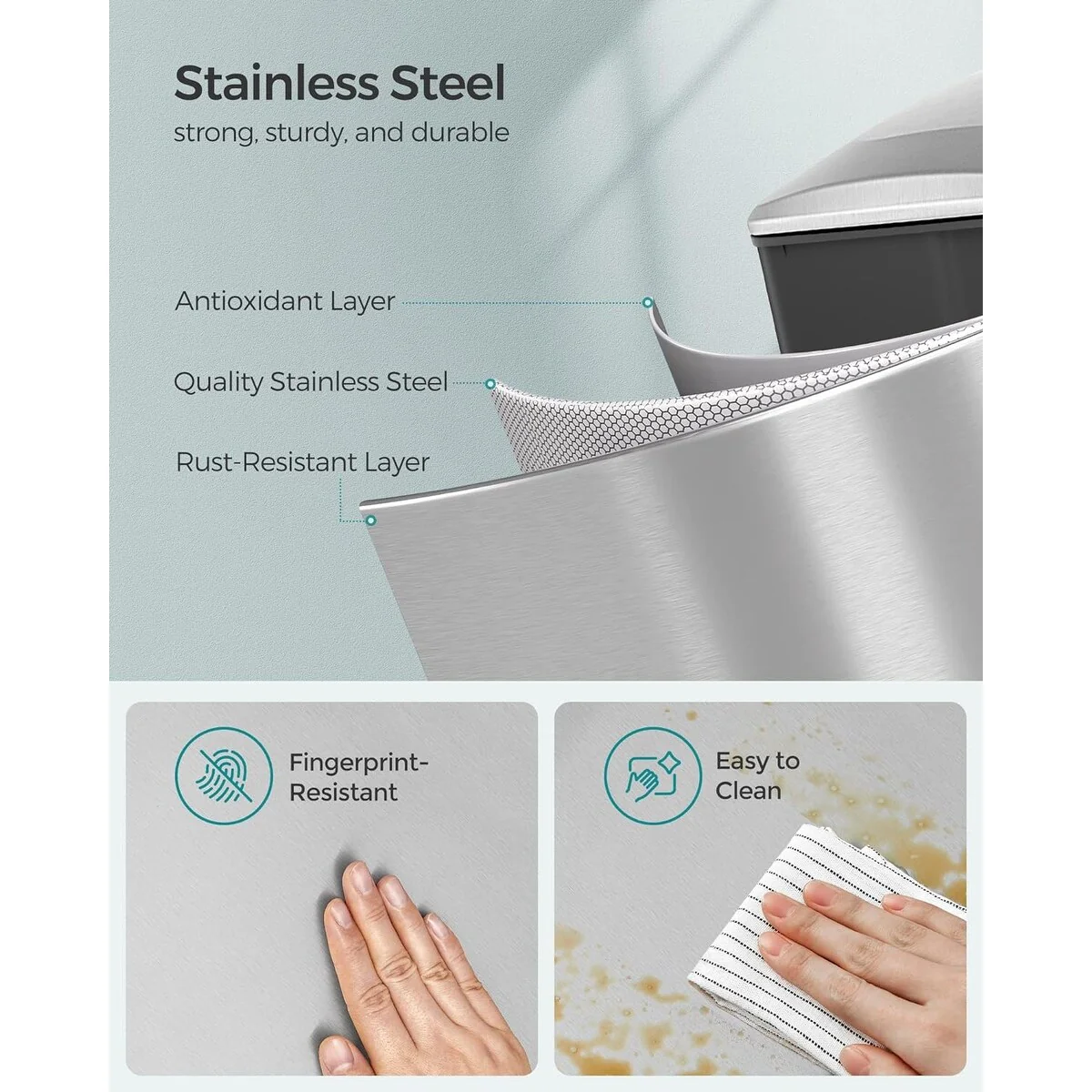 SONGMICS 12.7 Gallon Garbage Can for Narrow Spaces, Silver