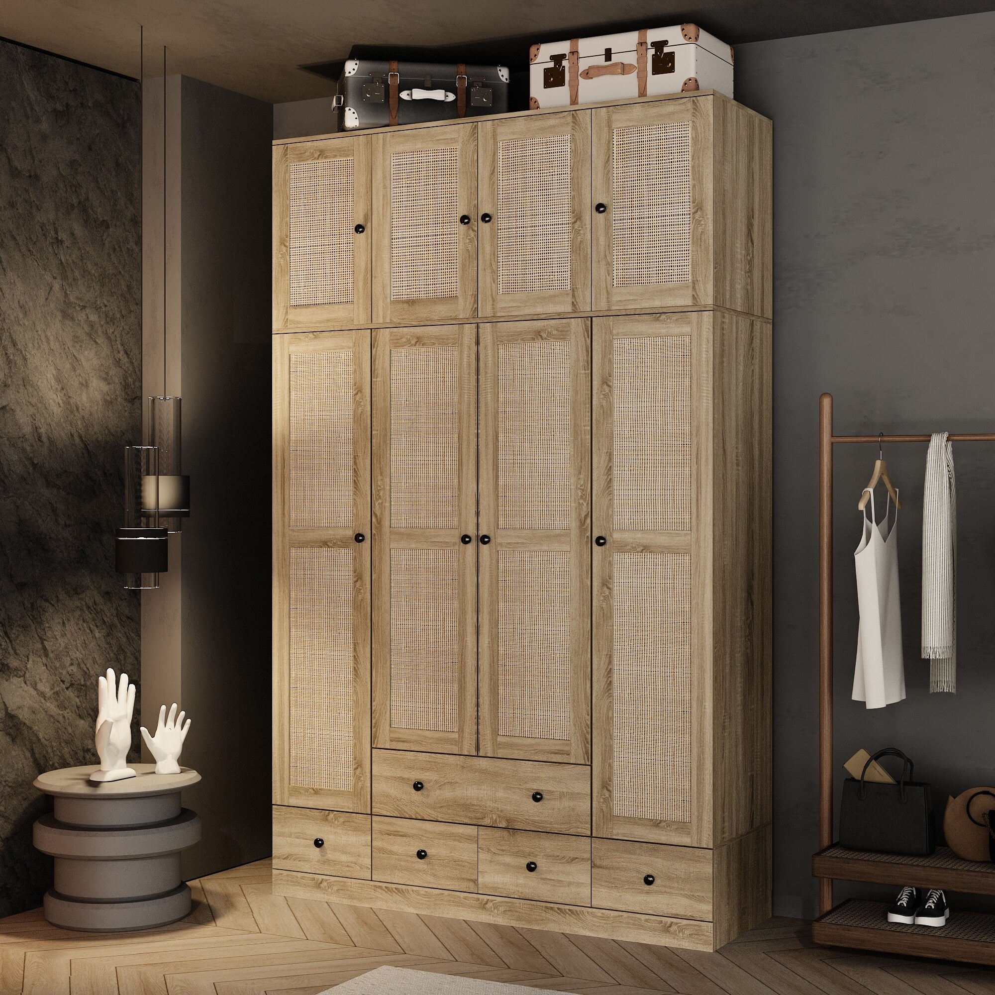 Large Storage Wardrobe Versatile Rattan Door Closet with Deep Drawers