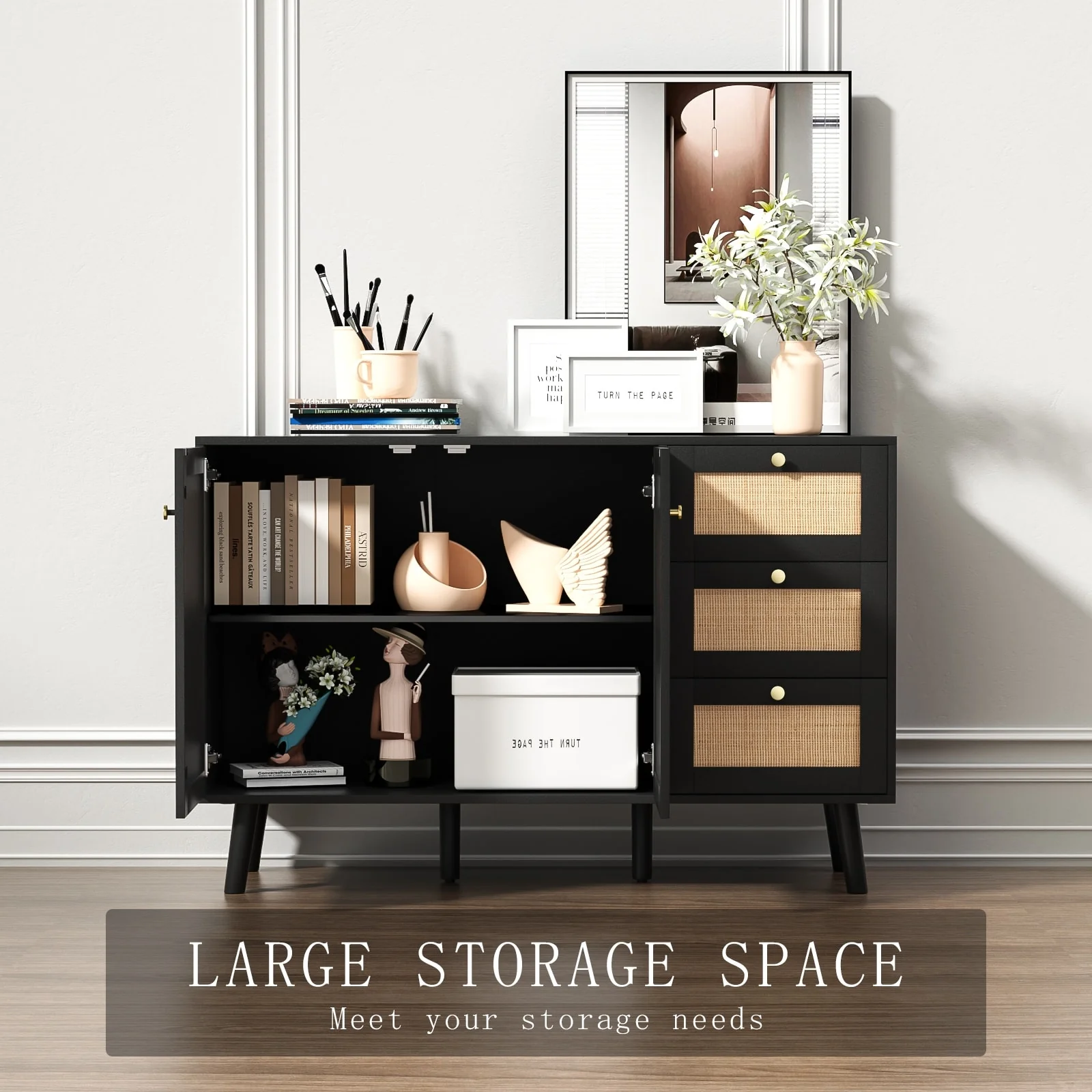 Anmytek Mid-Century Modern 2-Door Wood Rattan Buffet Sideboard Kitchen Storage Cabinet with 3 Drawers