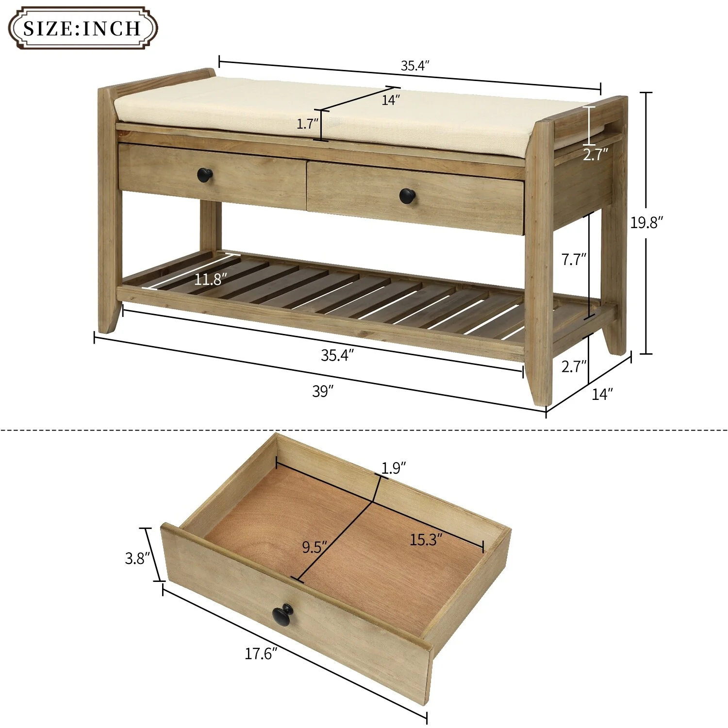 TREXM Shoe Rack with Cushioned Seat and Drawers