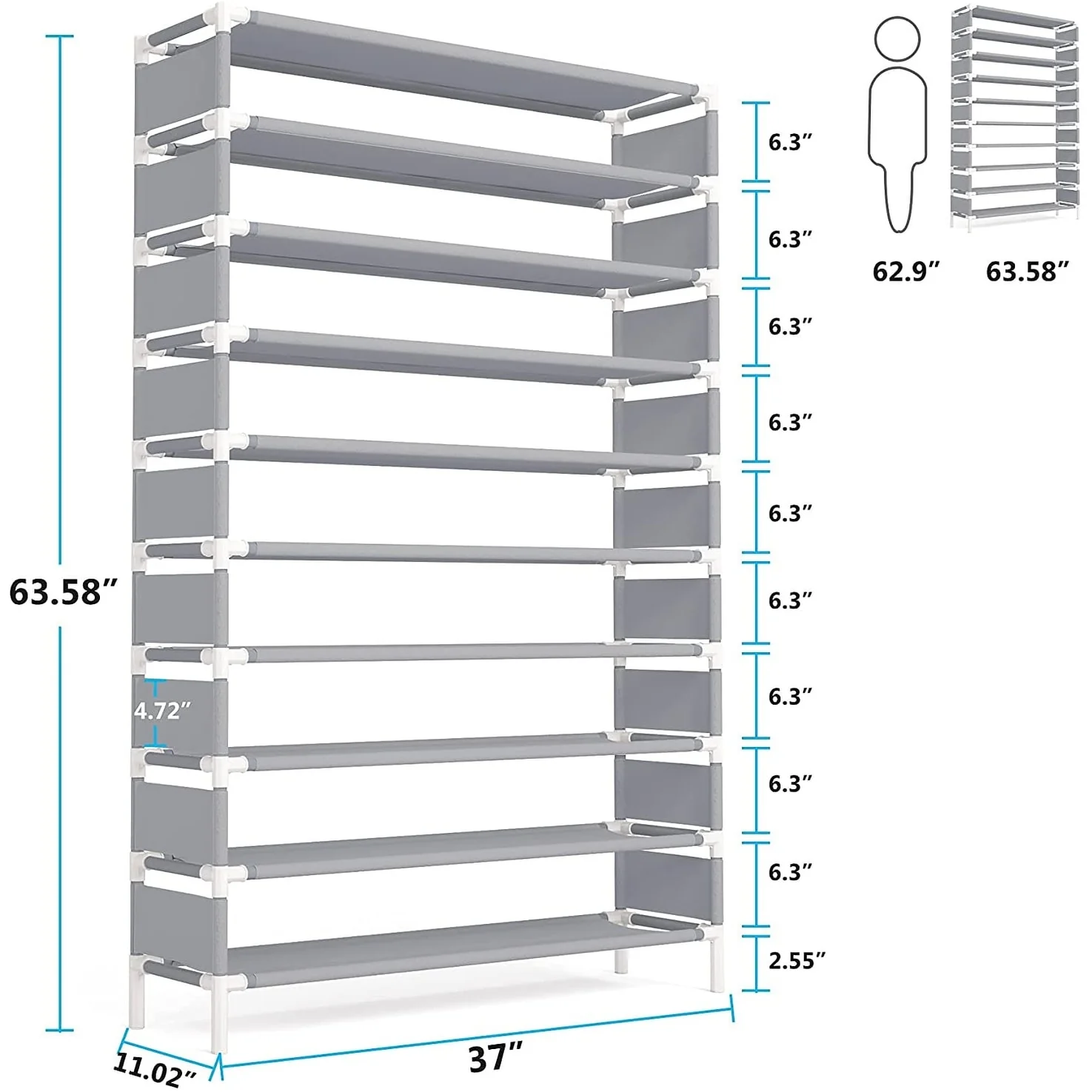 10 Tiers Shoe Rack, Large Capacity Shoe Organizer, Shoe Shelf for 50 Pair, Metal Shoe Rack, Tall Shoe Shelf - 10-tier