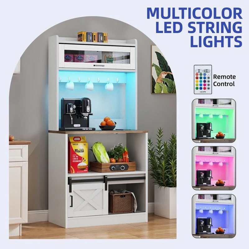 Moasis 5-Tier Bakers Rack with Hooks & LED Lights, Microwave Stand with Power Outlets