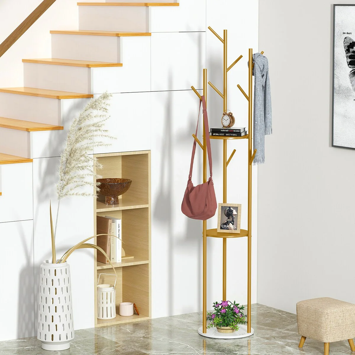 Marble Base Freestanding Clothes Hanging Rack Stand with Storage Shelf