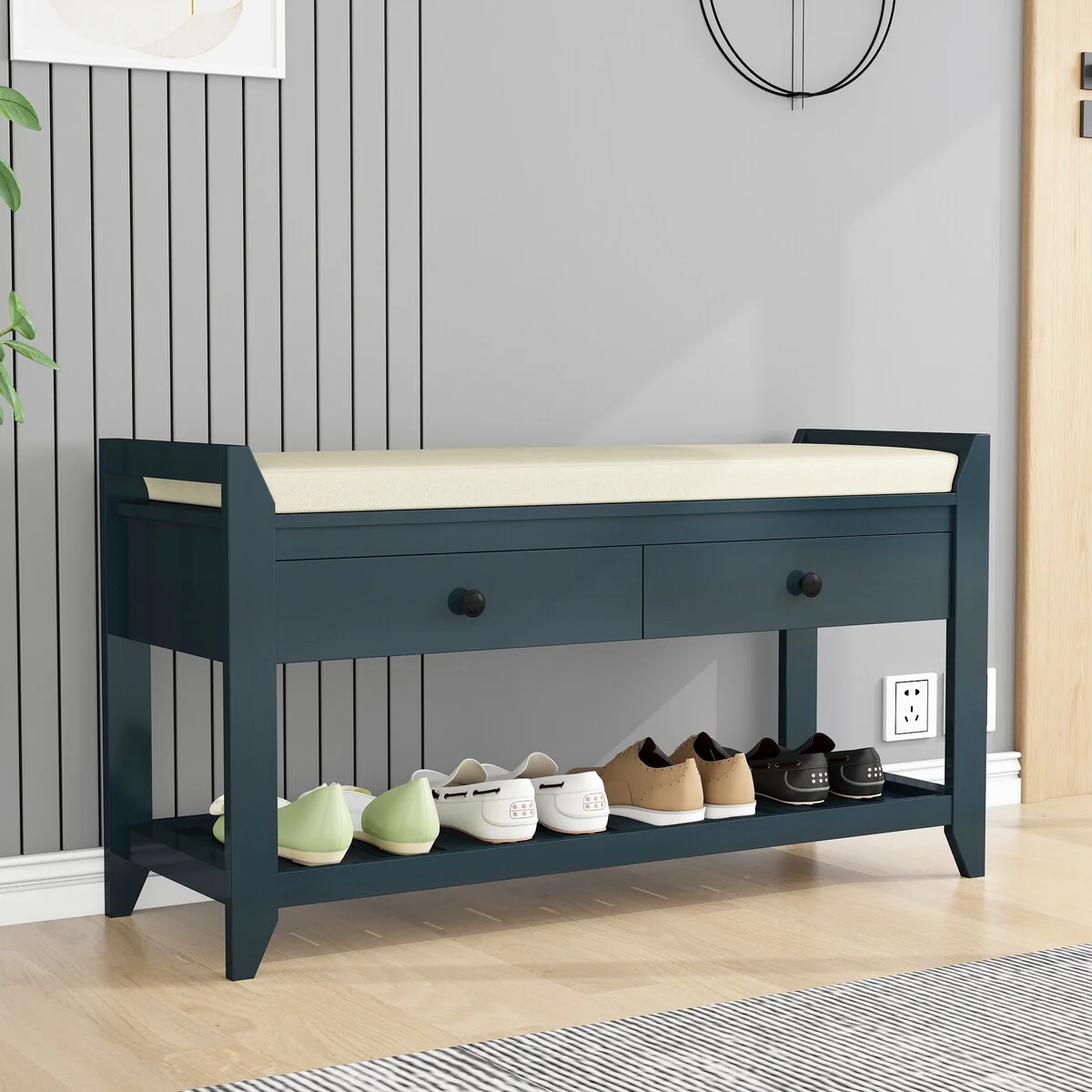 Entryway Storage Shoe Rack Bench with Cushioned Seat and Drawers