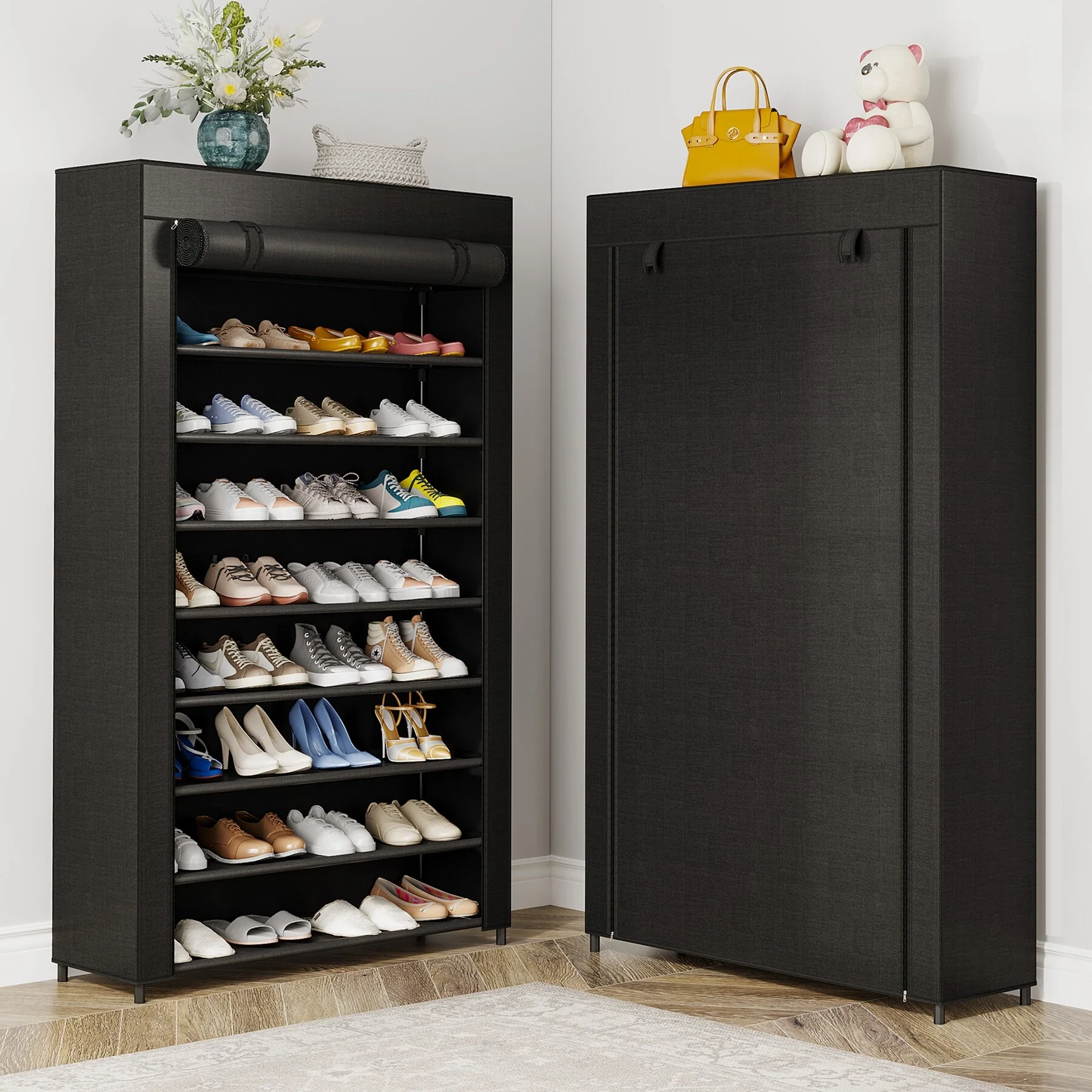 9-Tier Tall Shoe Shelf Stand Rack Organizer with Non-woven Fabric Cover - 10-tier