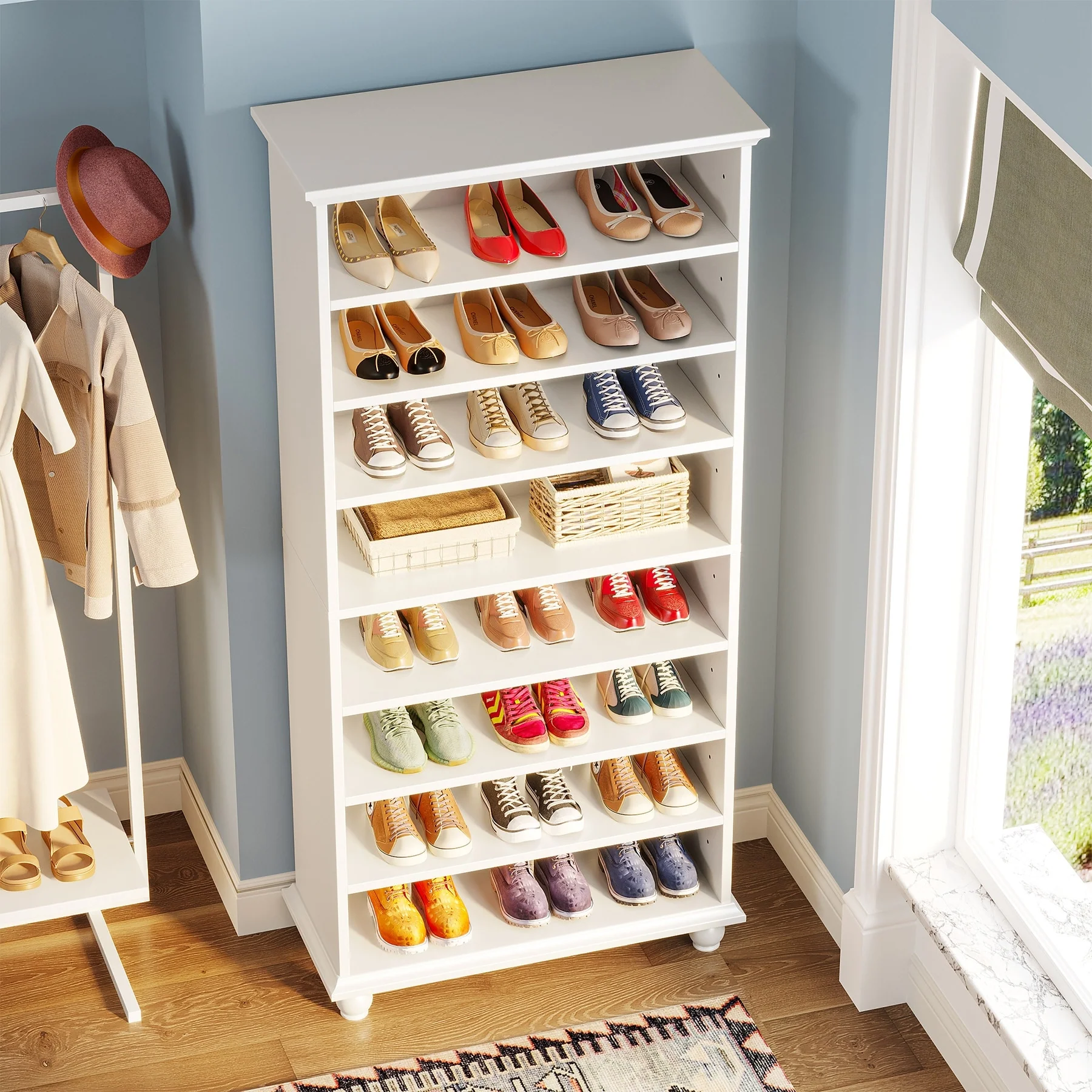 Narrow Tall Shoe Storage Cabinet with LED Lighting for Entryway - 9-Tier