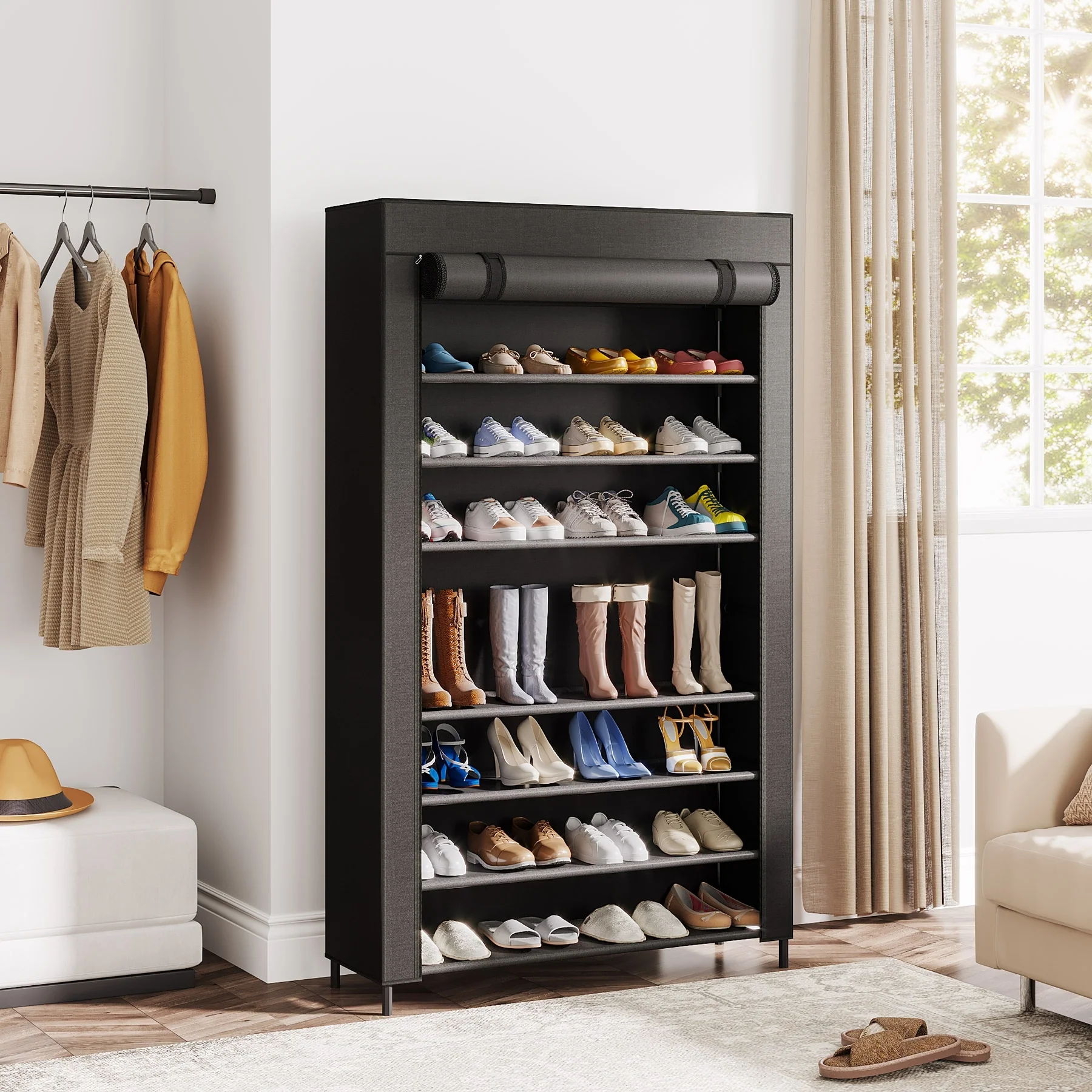 9-Tier Tall Shoe Shelf Stand Rack Organizer with Non-woven Fabric Cover - 10-tier
