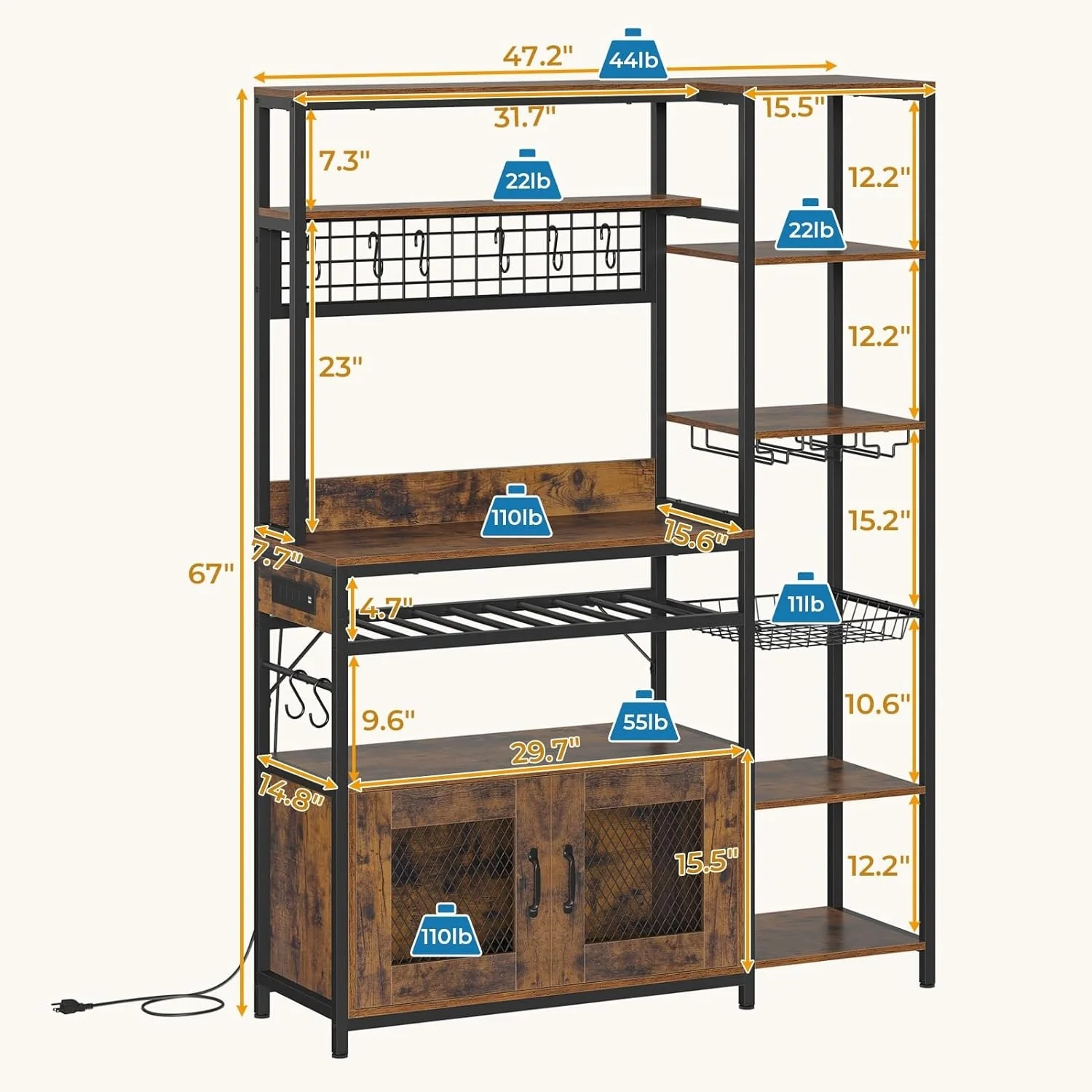 47.2 in Bakers Rack with Power Outlet Coffee Bar with Cabinet