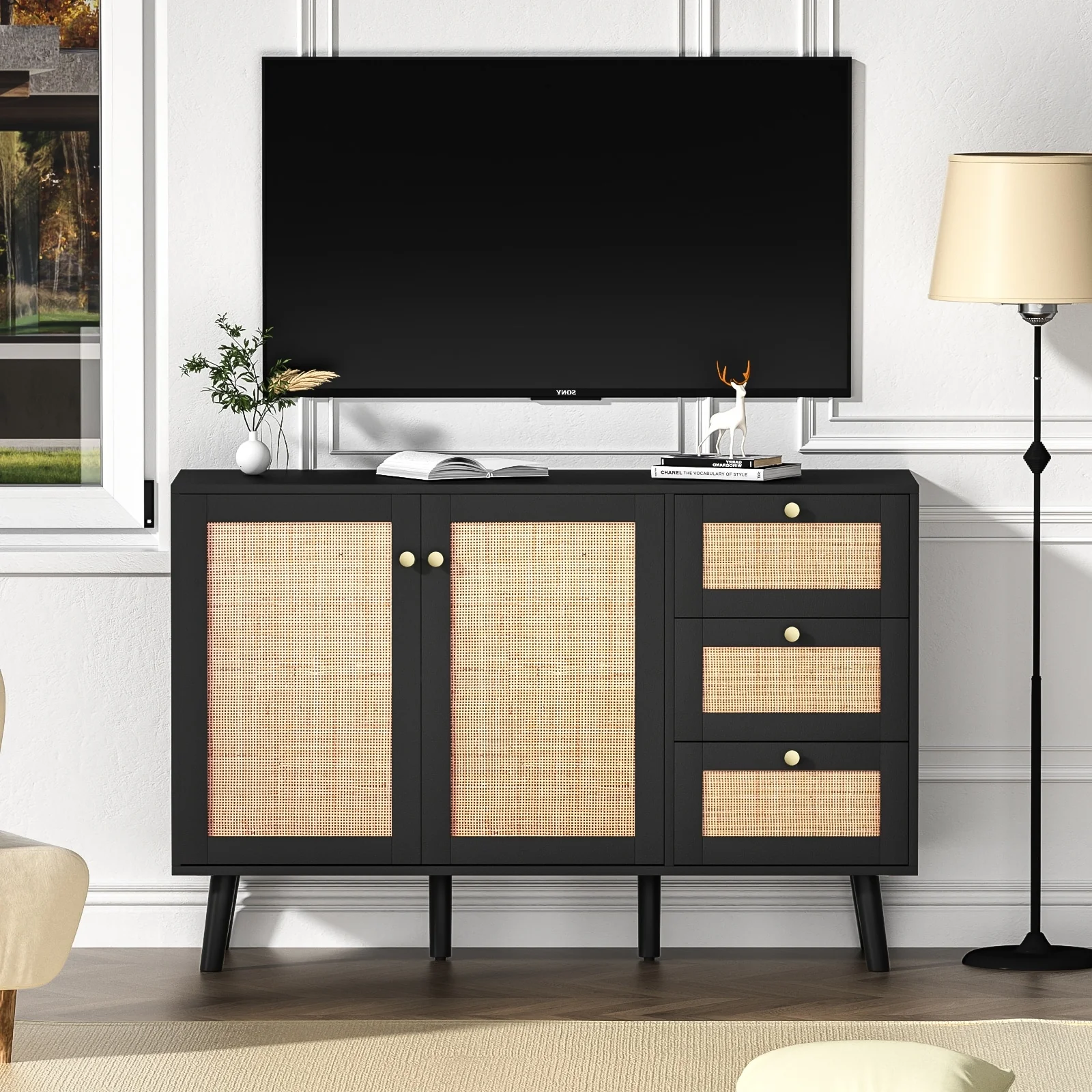 Anmytek Mid-Century Modern 2-Door Wood Rattan Buffet Sideboard Kitchen Storage Cabinet with 3 Drawers