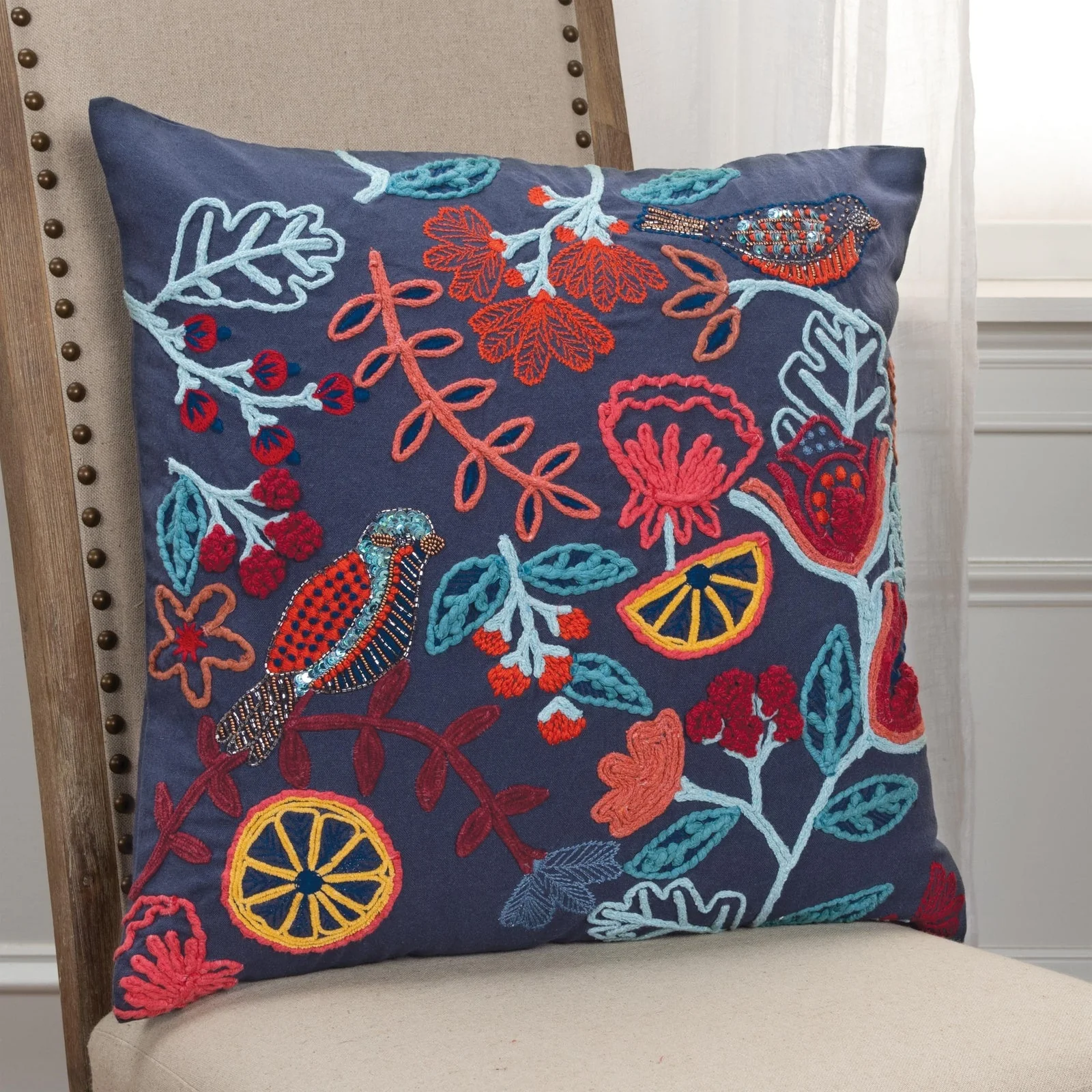 Knife Edge Embroidered Cotton Floral With Bird Decorative Throw Pillow
