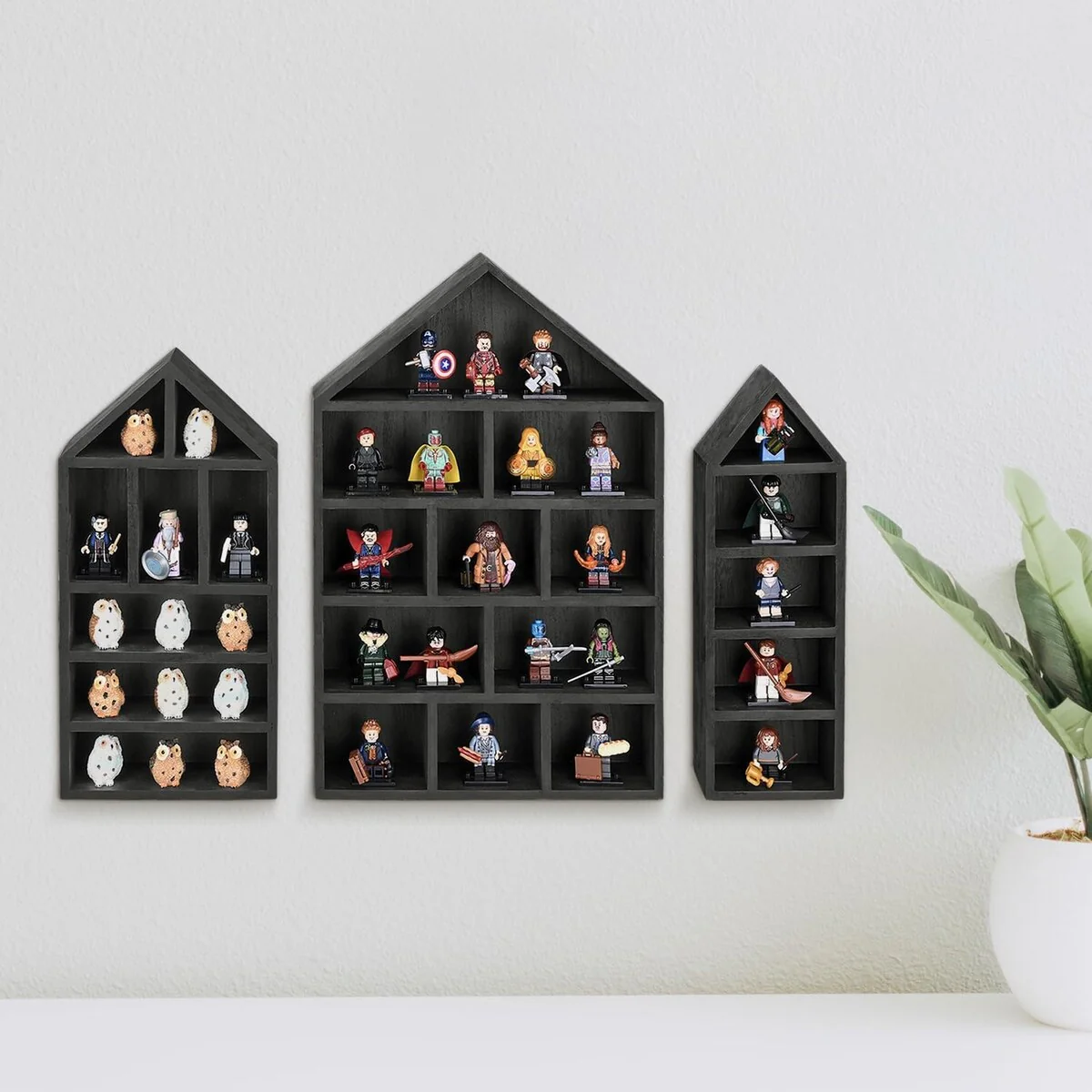 House-Shaped Wooden Shadow Cubby Display Shelf, Set of 3