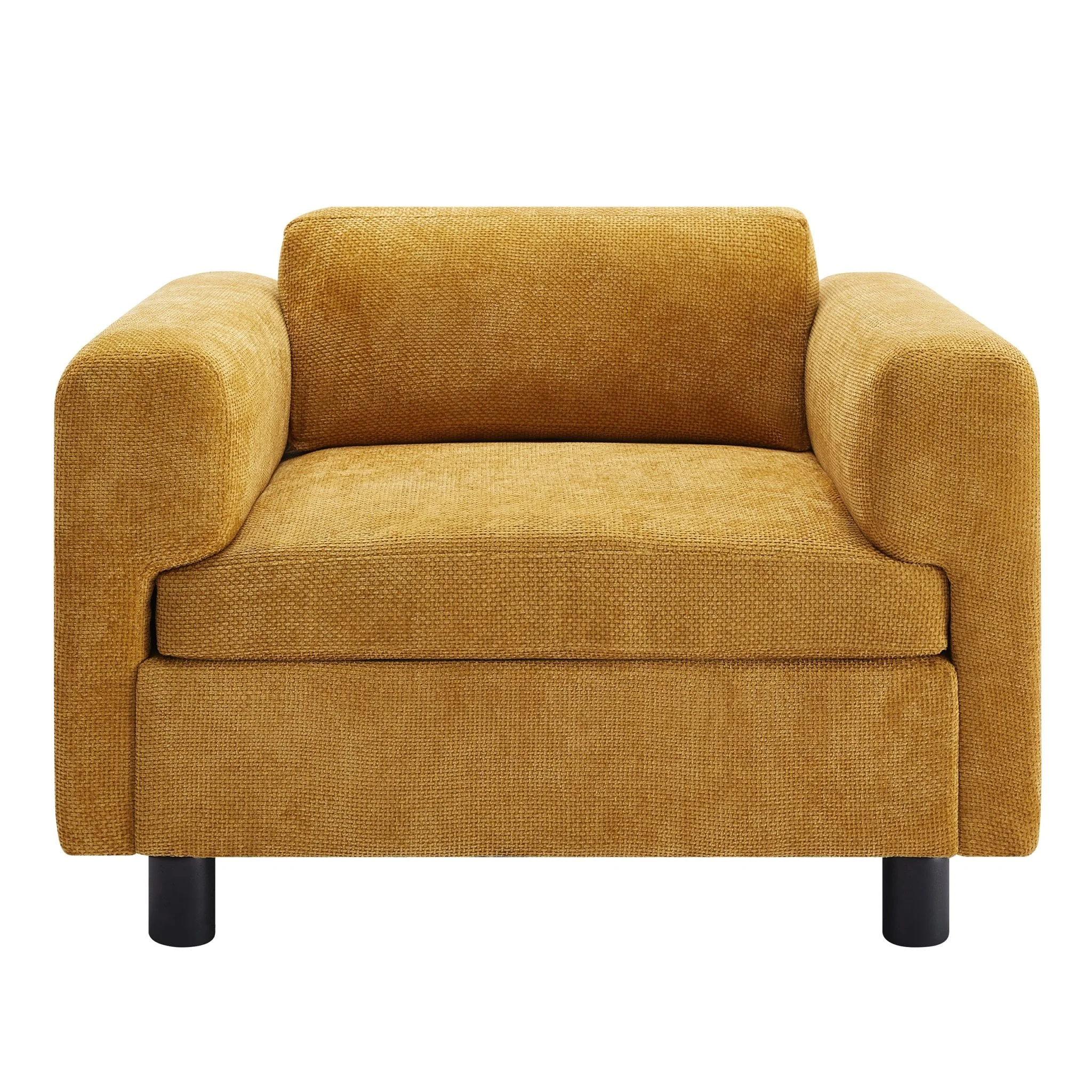 Elixired Upholstered Arm Chair with Tucked Armrests and Round Rubberwood Legs