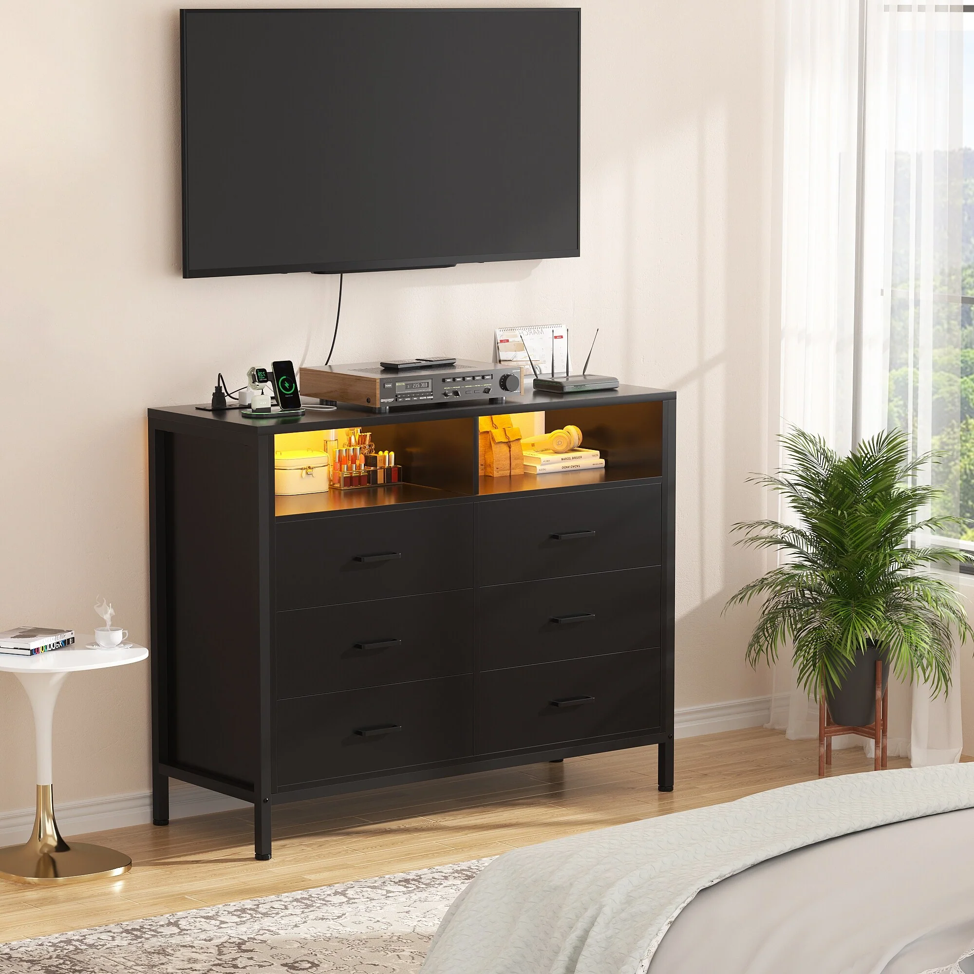 Chest of Drawers with LED Lights and Outlets,Wood Drawer Dresser for Clothes Storage