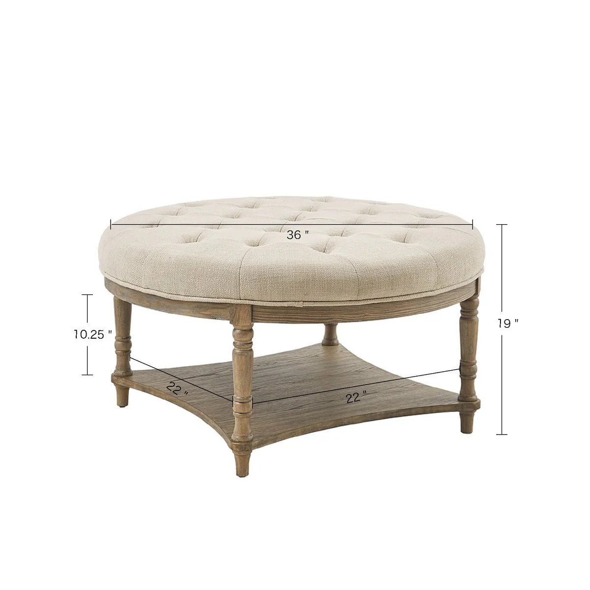 Button Tufted Round Ottoman with Turned Legs