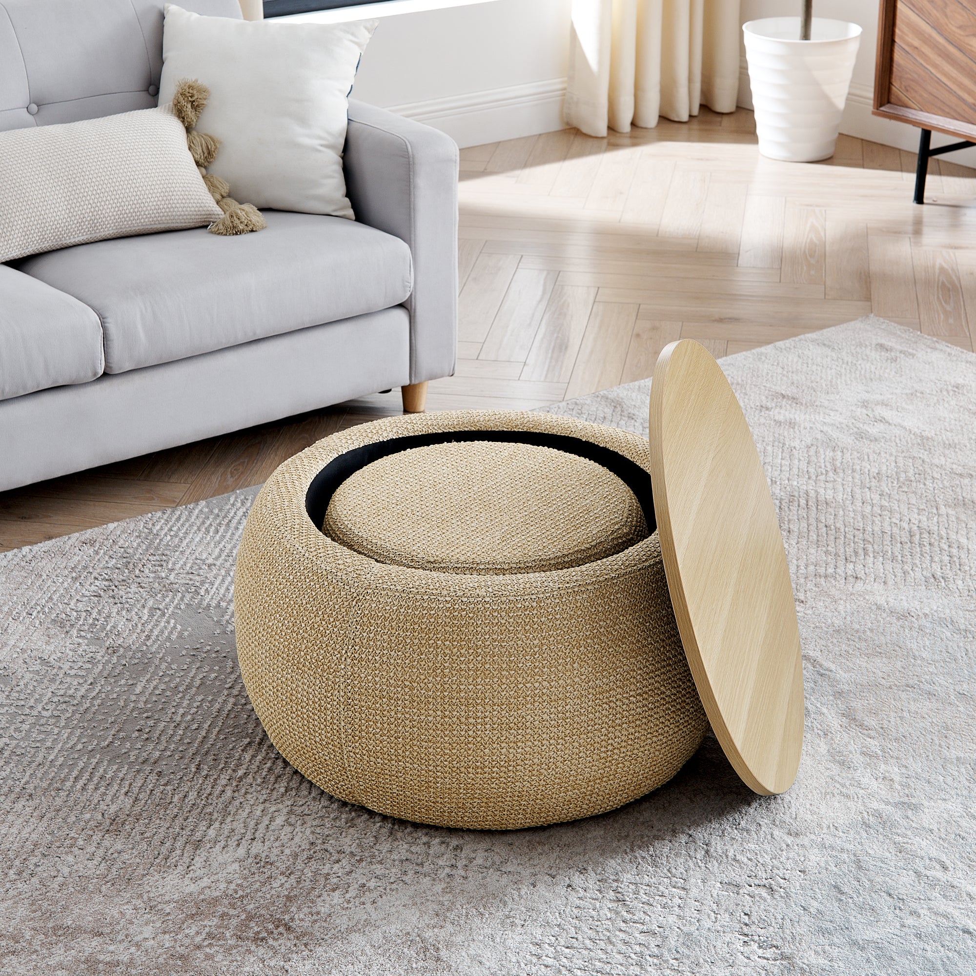 Storage Ottoman Set with Dual Functionality, Serves as an End Table and Seat