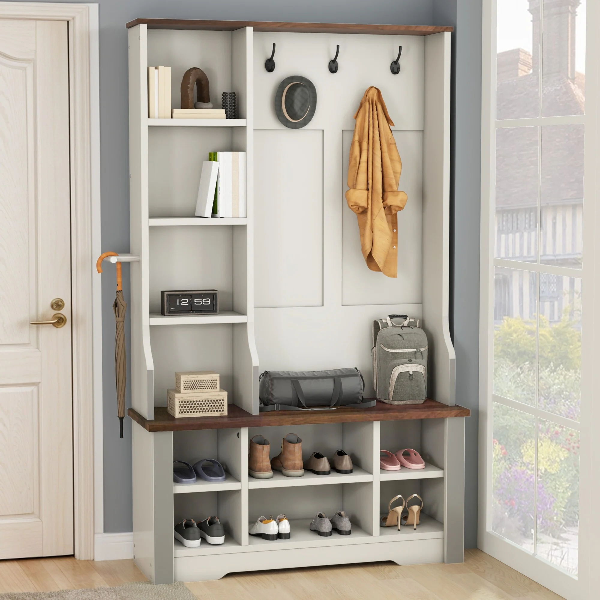 Moasis Farmhouse Hall Tree with Bench and Shoe Storage with 10 Hooks for Entryway