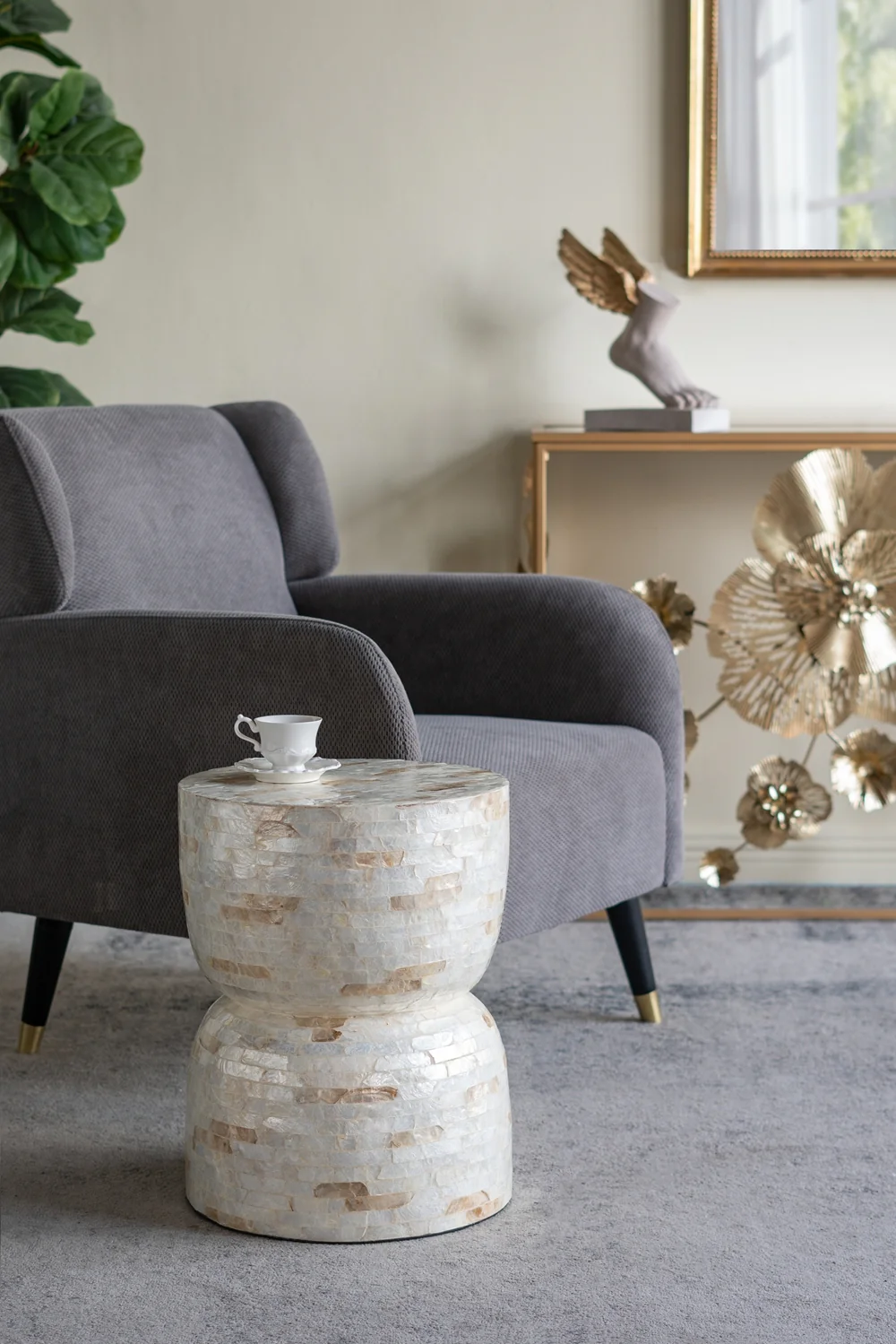 Gold & White Capiz Hourglass Side Table