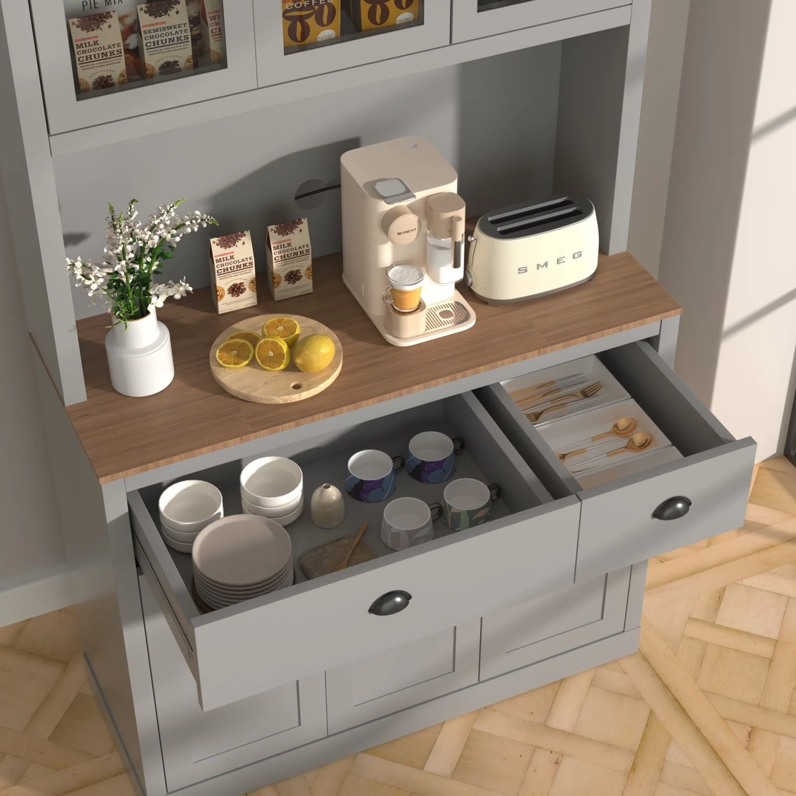 VEIKOUS Kitchen Pantry Storage Cabinet Cupboard with Framed Glass Door and Drawer