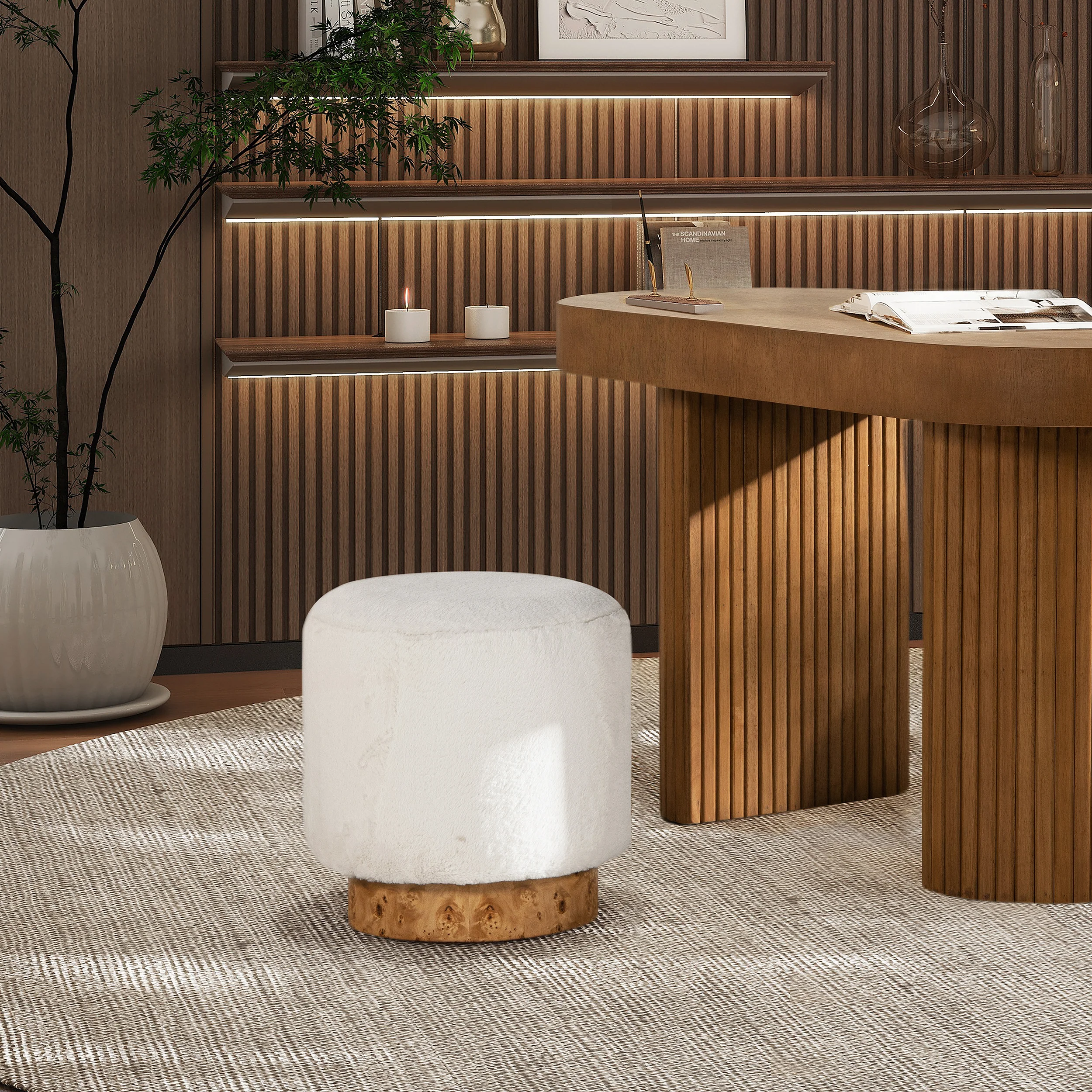 Upholstered Round Ottoman with Burl Wood Veneer Base