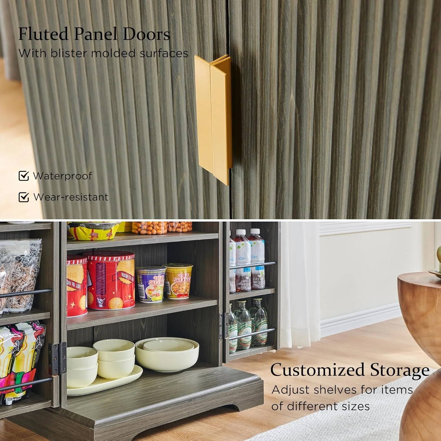Modern Fluted Pantry Cabinet, Storage Cabinet, Wood Cupboard Organizer