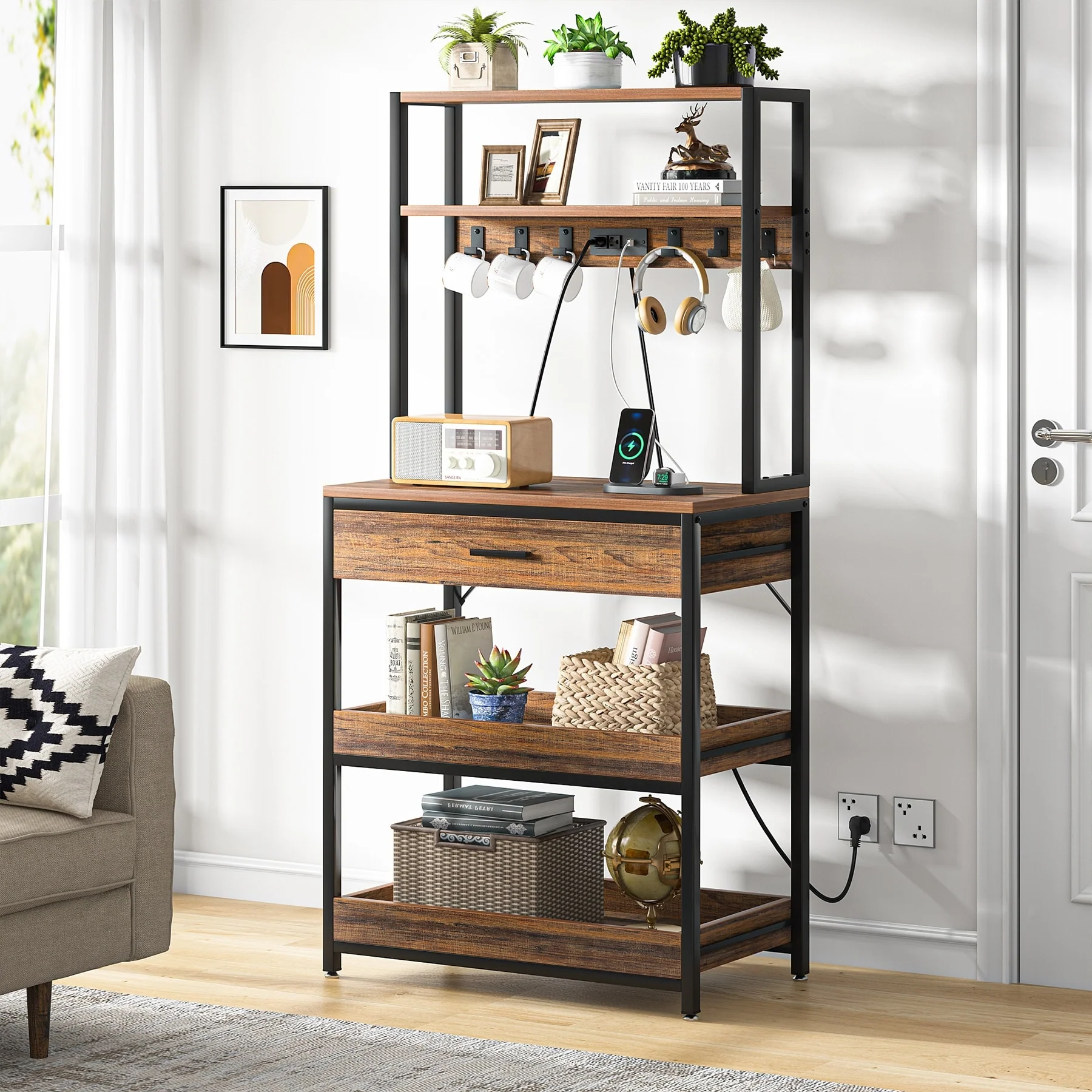 Kitchen Bakers Rack with Power Outlets, High Utility Storage Shelves Microwave Stand with Drawers