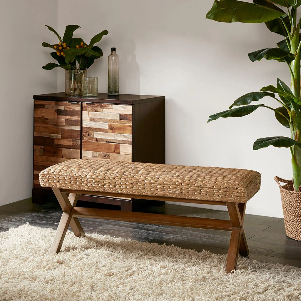 Bench with Woven Water Hyacinth Top and Mahogany Legs