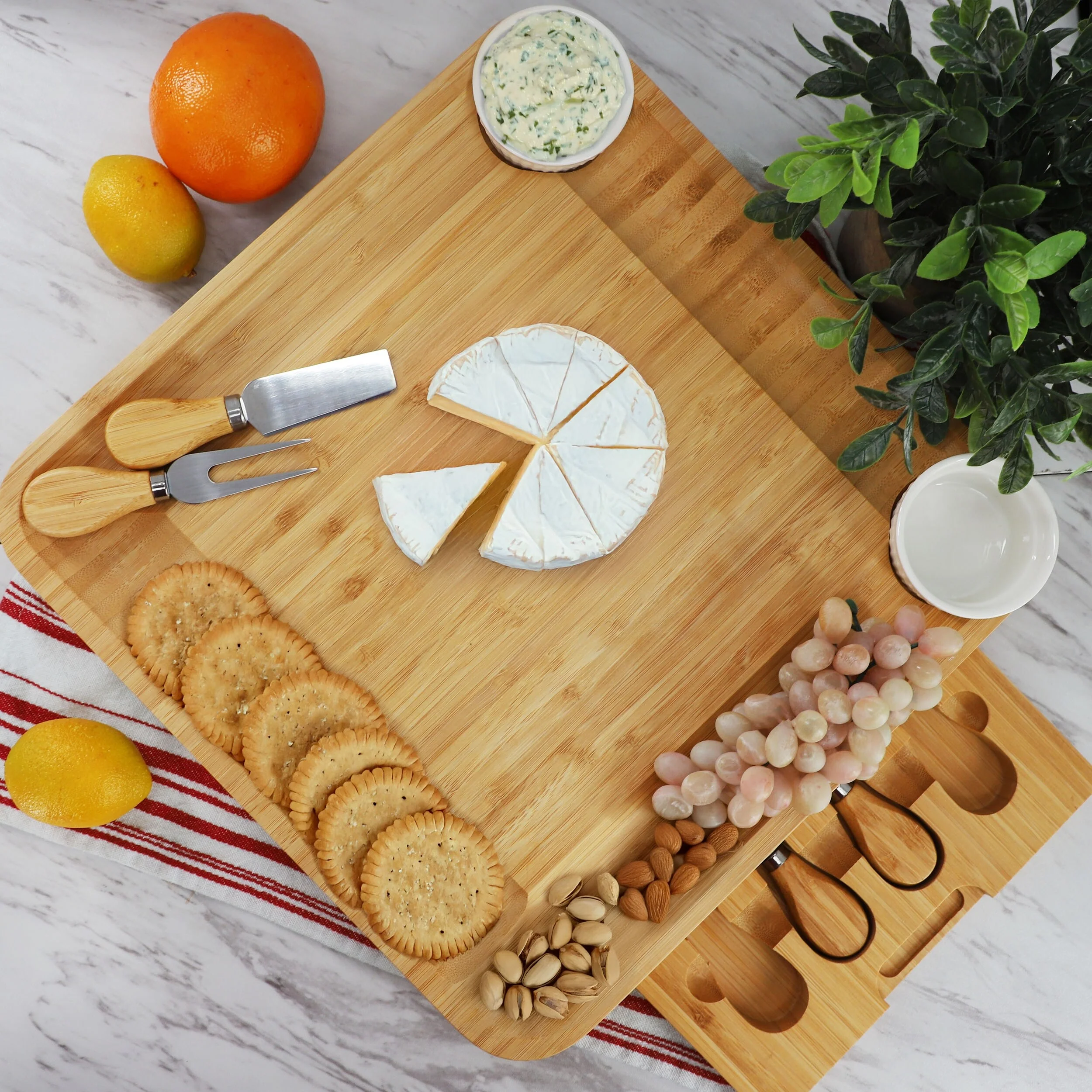 MegaChef Bamboo Charcuterie Cheese Board Set with Ramekins and Slide Out Cutlery Drawer