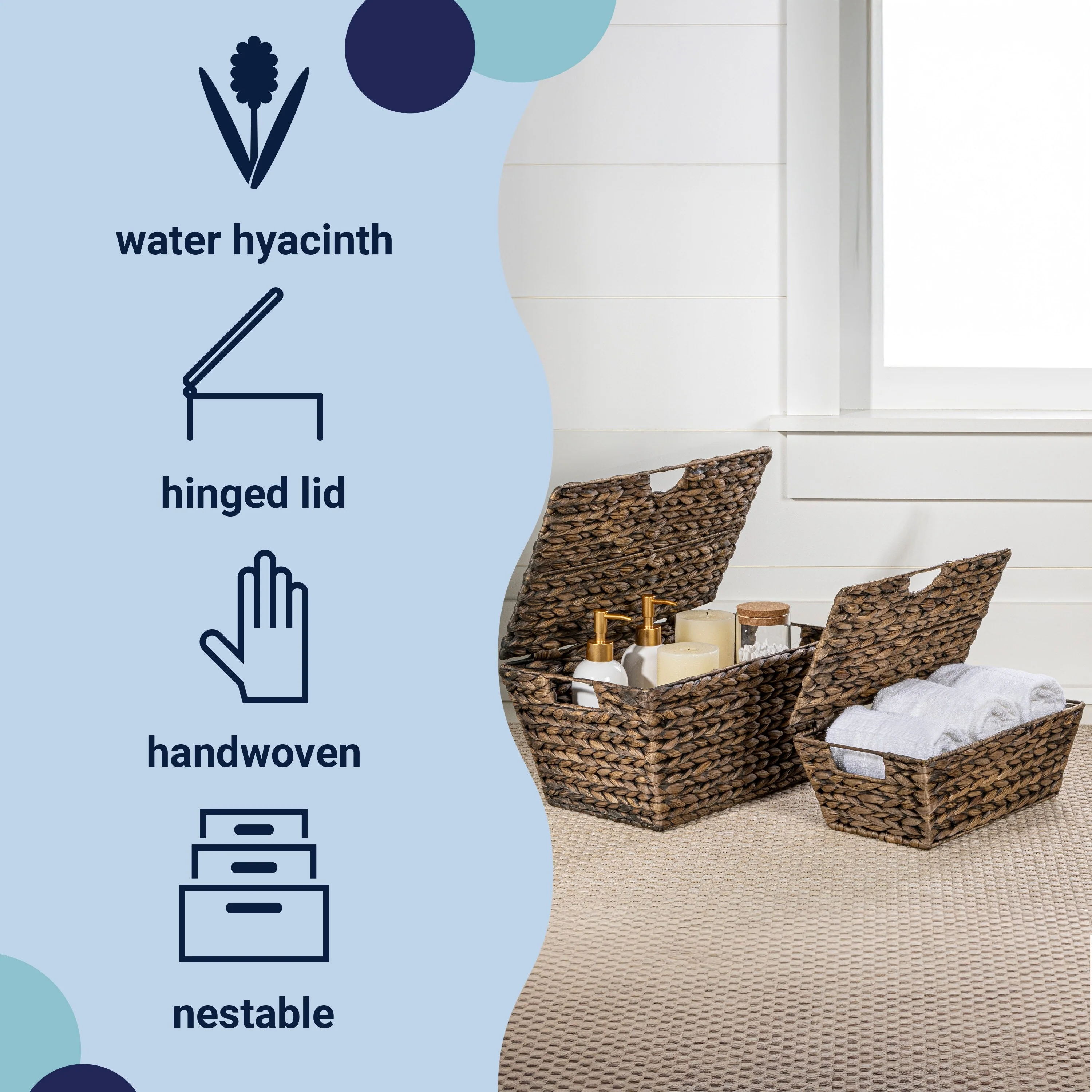 Hyacinth Rectangular Storage Baskets with Lids & Handles (Set of 2)