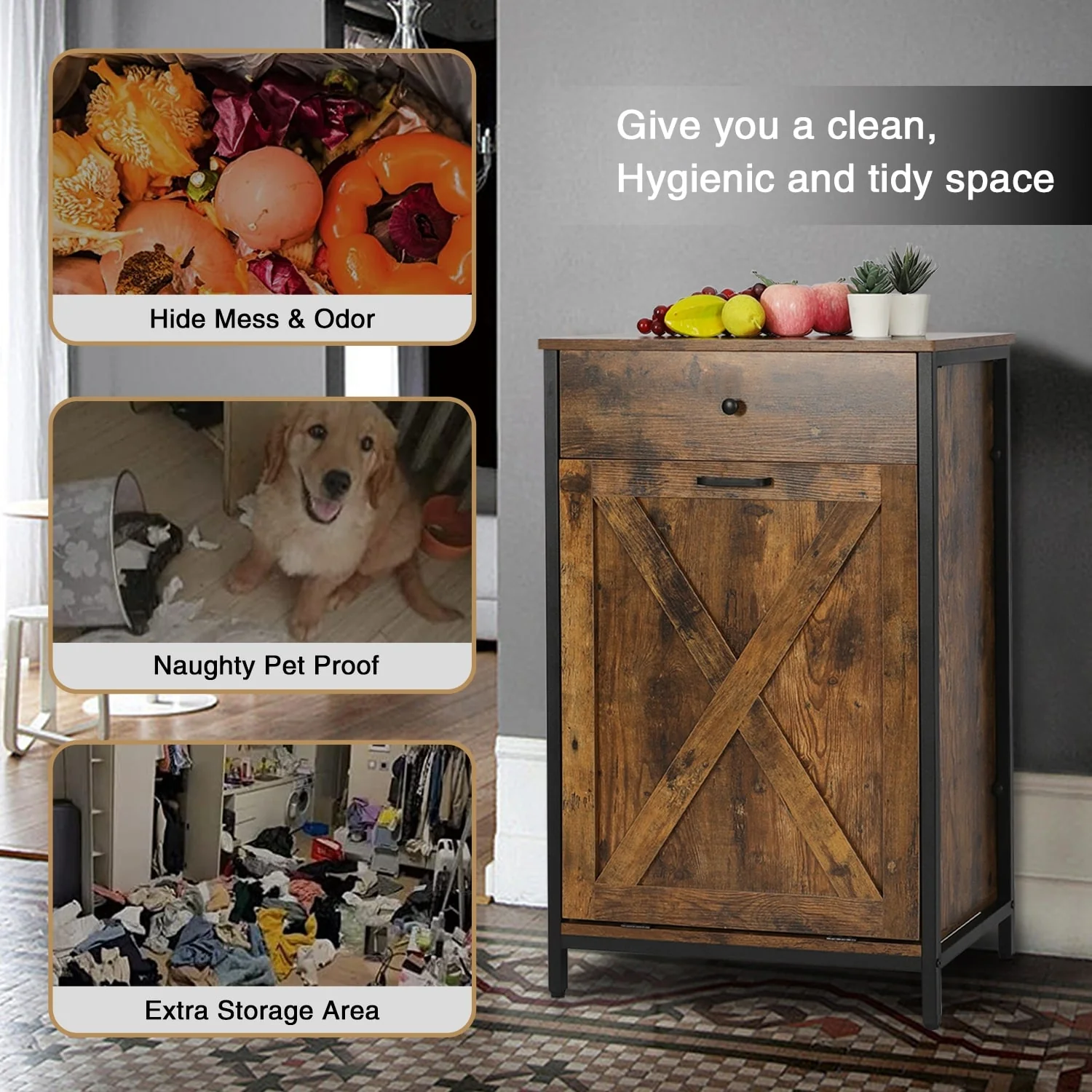 10 Gallon Tilt Out Kitchen Trash Cabinet Trash Can Wooden Tilts Out Hands Laundry Recycling Holder Brown