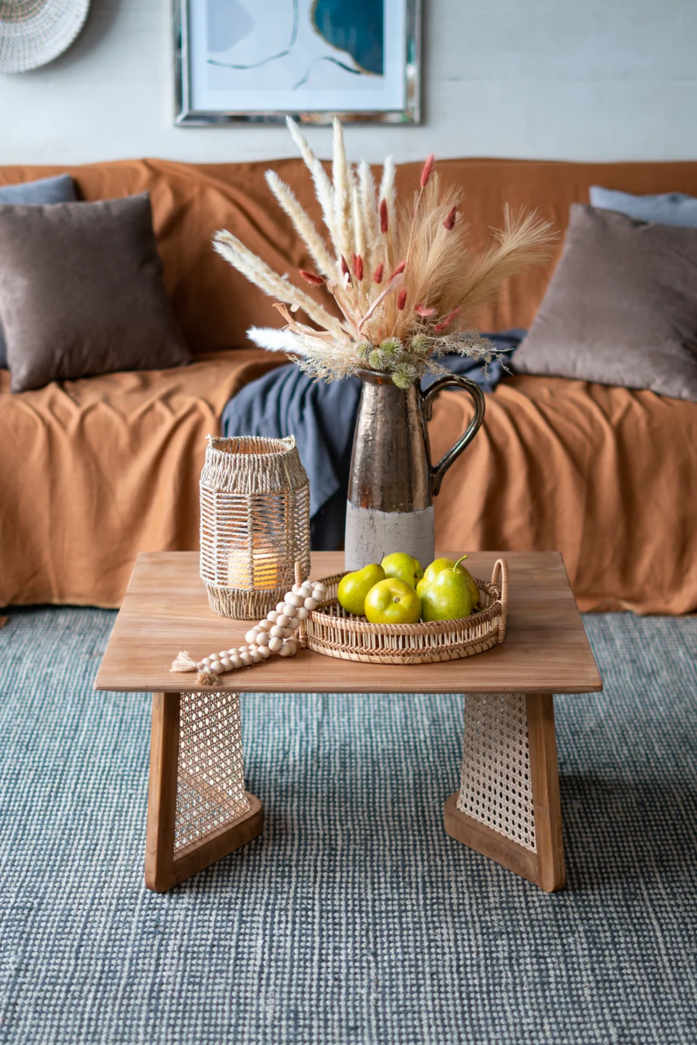 Square Coffee Table with Wooden Top and Rattan Base