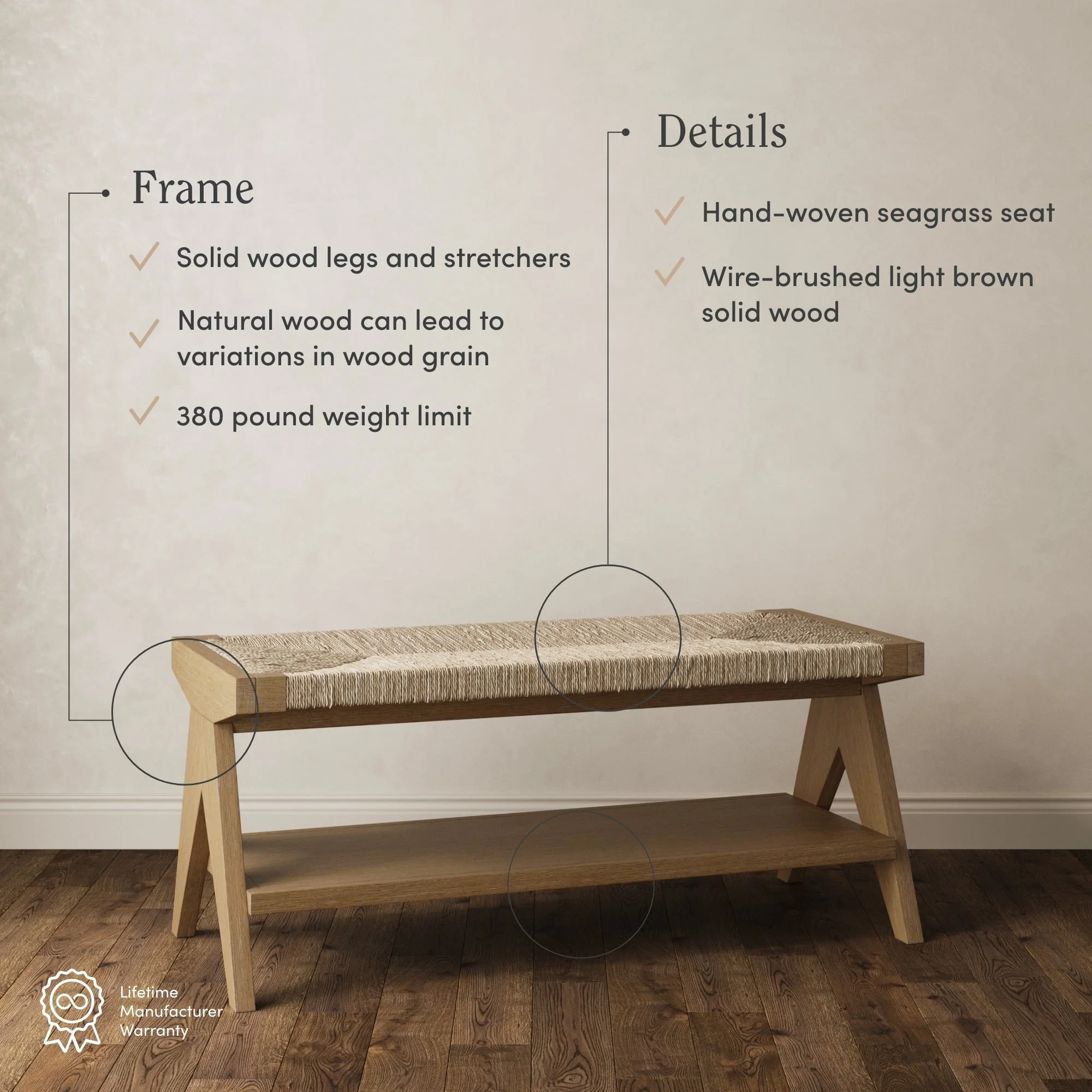 Beacon Bohemian Bench Seat with Shoe Storage, Seagrass Entryway or End of Bed Bench with Solid Wood Frame