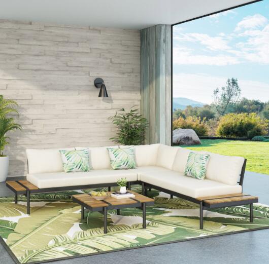 4-Piece Outdoor Sectional Sofa Set with Coffee Table, Water-Resistant Cushions and Iron Frame