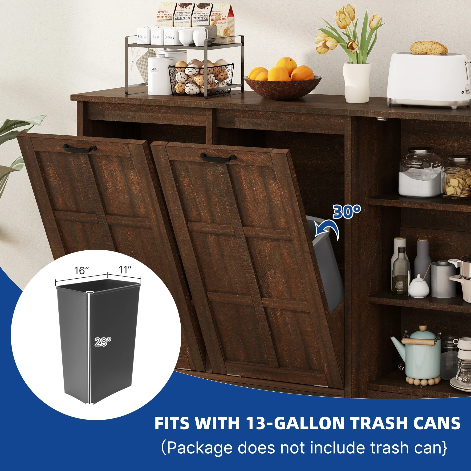 Moasis Kitchen Island with Double Tilt Out Trash Cabinet(13 Gallon) with Adjustable Shelves and Charging Station