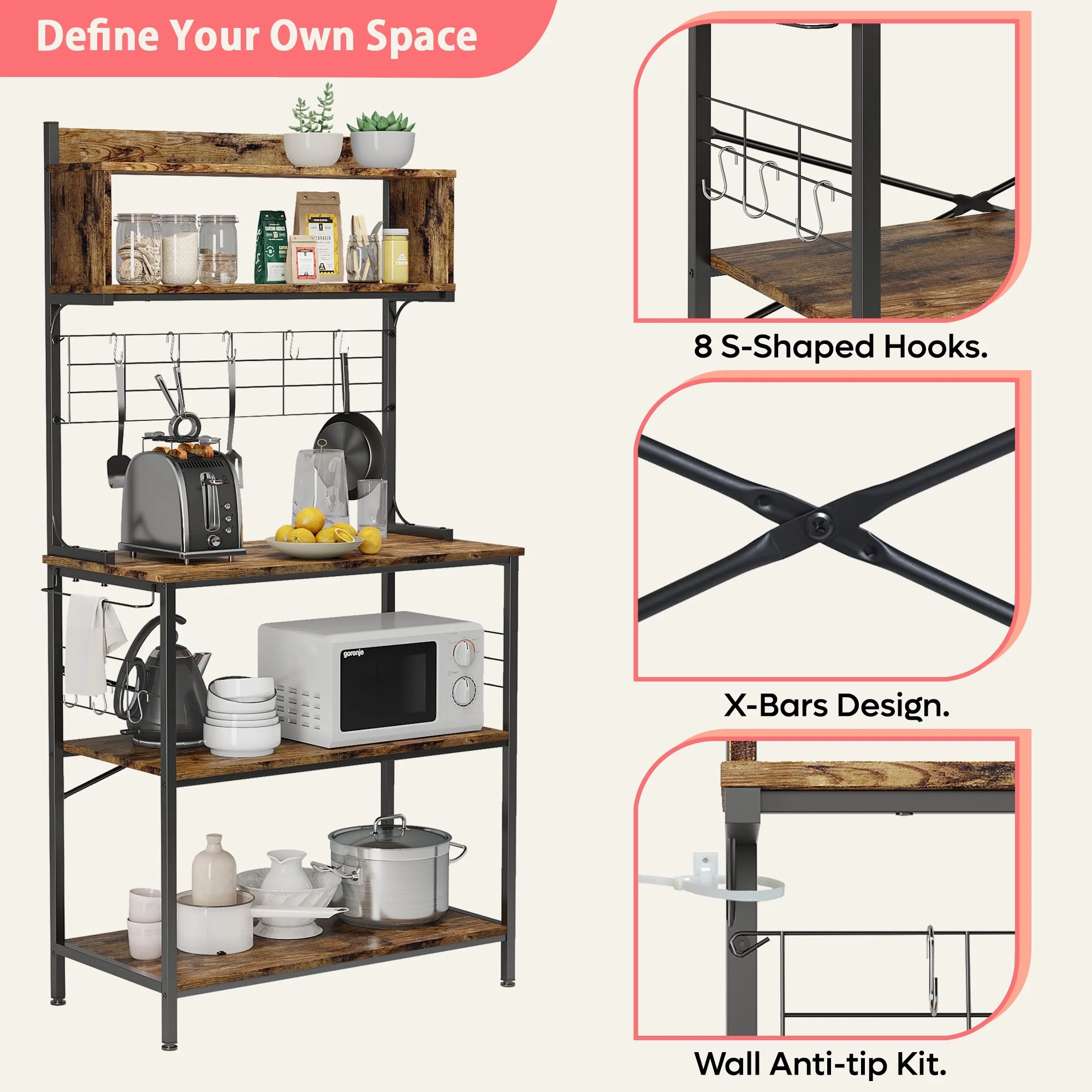 63 Inch Kitchen Baker's Rack with Hutch 8 Side Hooks